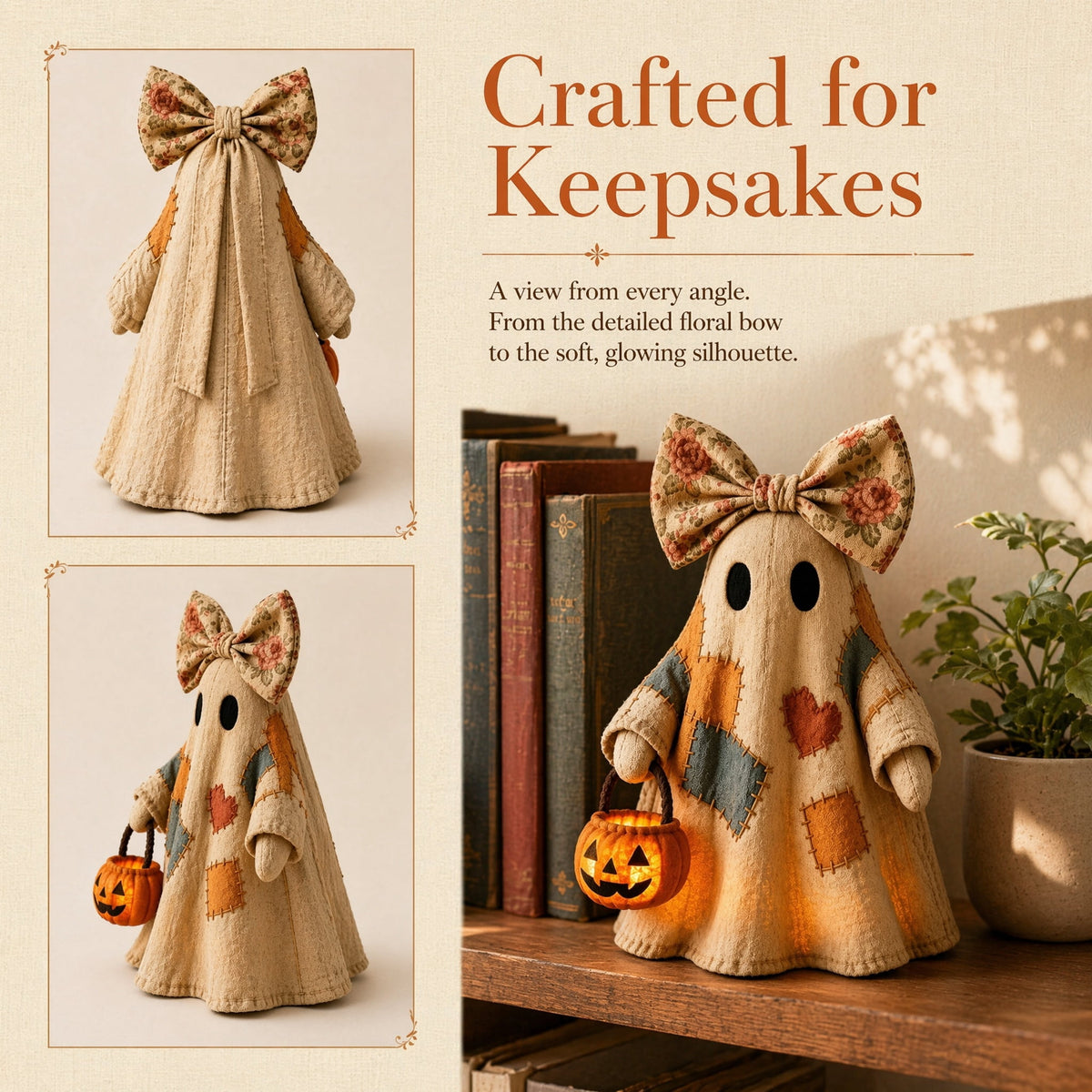 Lighted Vintage Patchwork Ghost Halloween Decor with Pumpkin Lantern Warm Glow Rustic Farmhouse Fall Figurine for Mantel Shelf Porch Entryway Indoor Decoration (Contains a small battery)