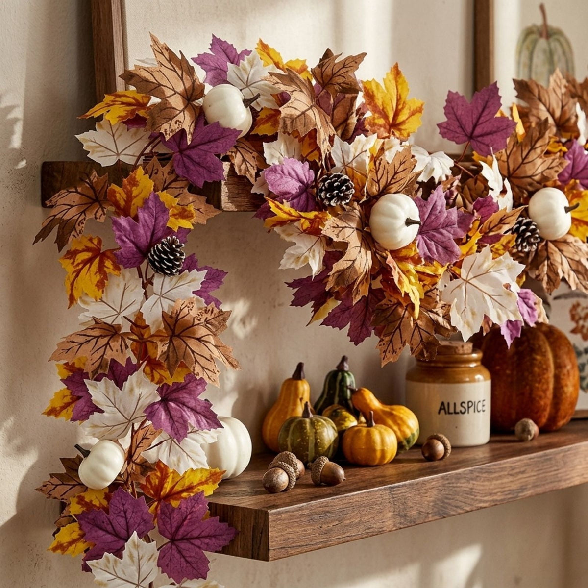 Fall Maple Leaf Front Door Wreath, Multicolor Plastic Seasonal Wreath for Halloween Thanksgiving Christmas Indoor Wall Fireplace Home Decor, 9.84 Inch