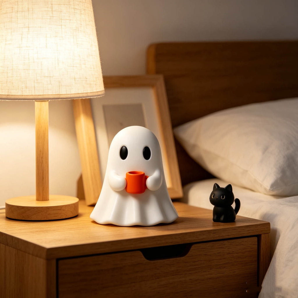 Halloween Ghost Figurine, Resin Lighted Ghost Ornament with Pumpkin Lantern & Beverage Cup, Tabletop Halloween Indoor Decor
