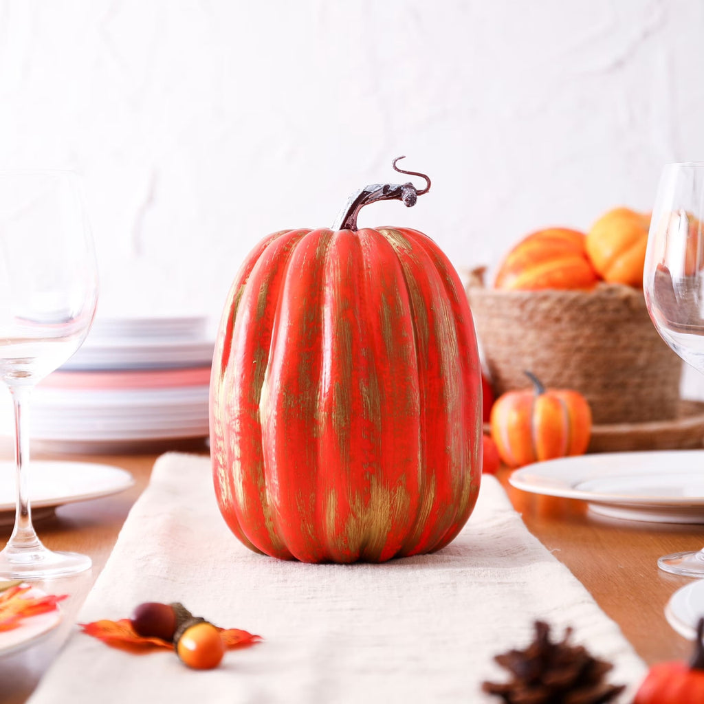 CQHVKQ 8 Inch Large Artificial Pumpkin Fall Decorations, Realistic Fake Harvest Pumpkin, Orange Gold Decorative Pumpkins for Table Centerpieces, Fall, Thanksgiving & Halloween DIY