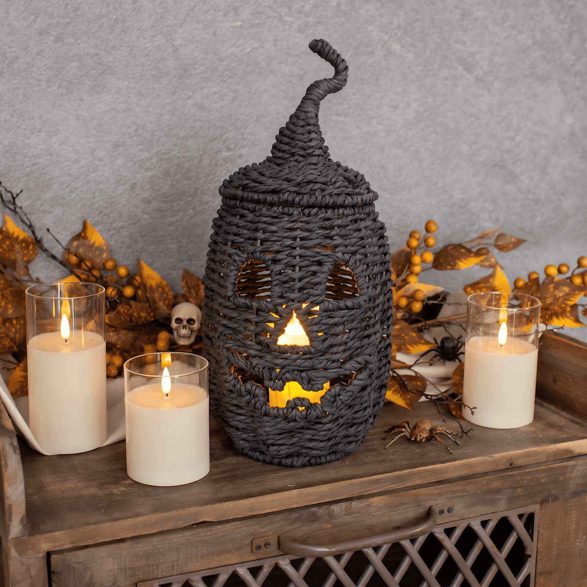 Guvpev 12" Handcrafted Woven Ghost - White Faux Rattan & Metal Ghost Figurine, Halloween Spooky Table Centerpiece & Fall Porch Decor for Indoor Outdoor