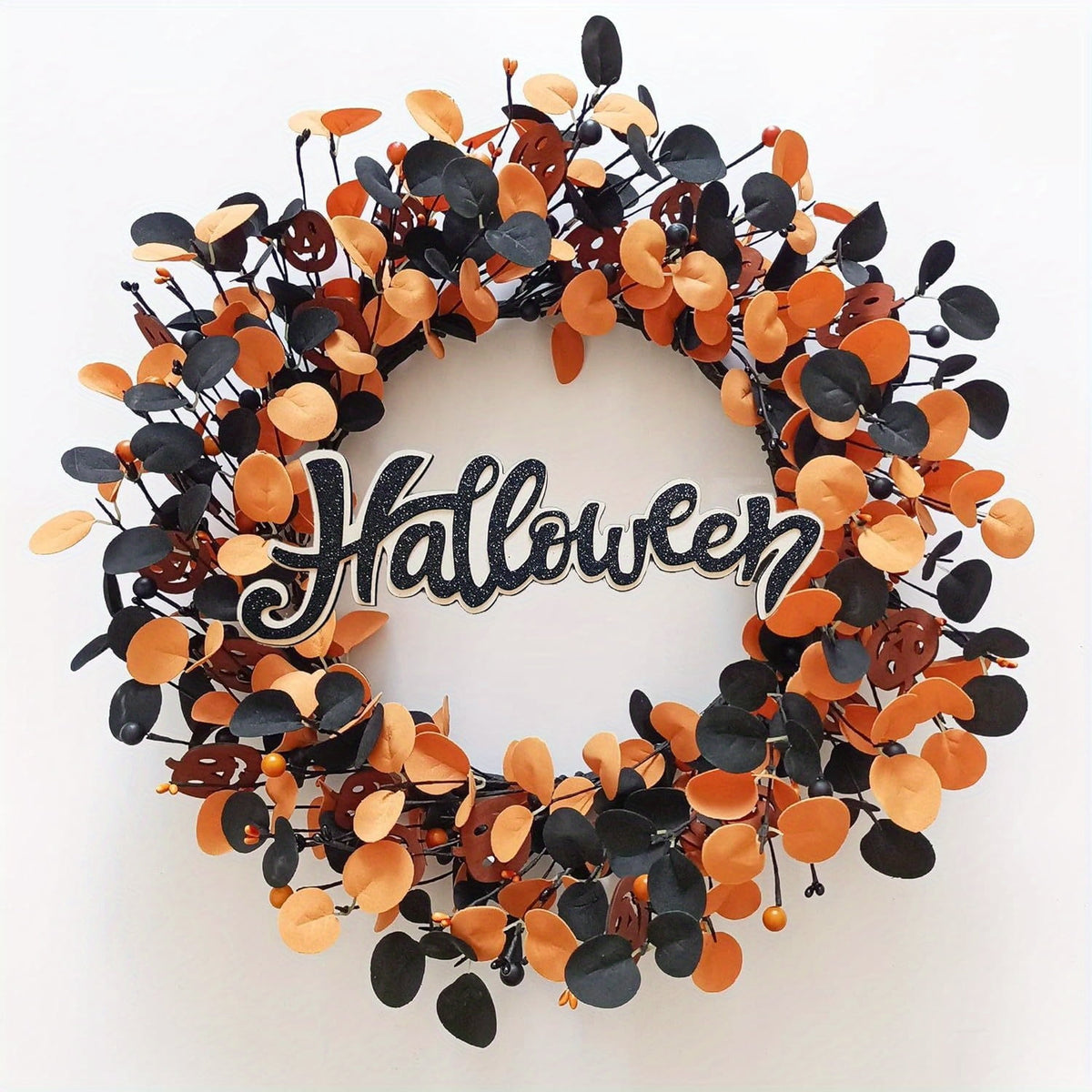 22 inch Pumpkin Wreath Halloween Wreaths for Front Door Fall Decorations for Home with Wood Pumpkins Thanksgiving Decorations with Glitter Decorations Sign