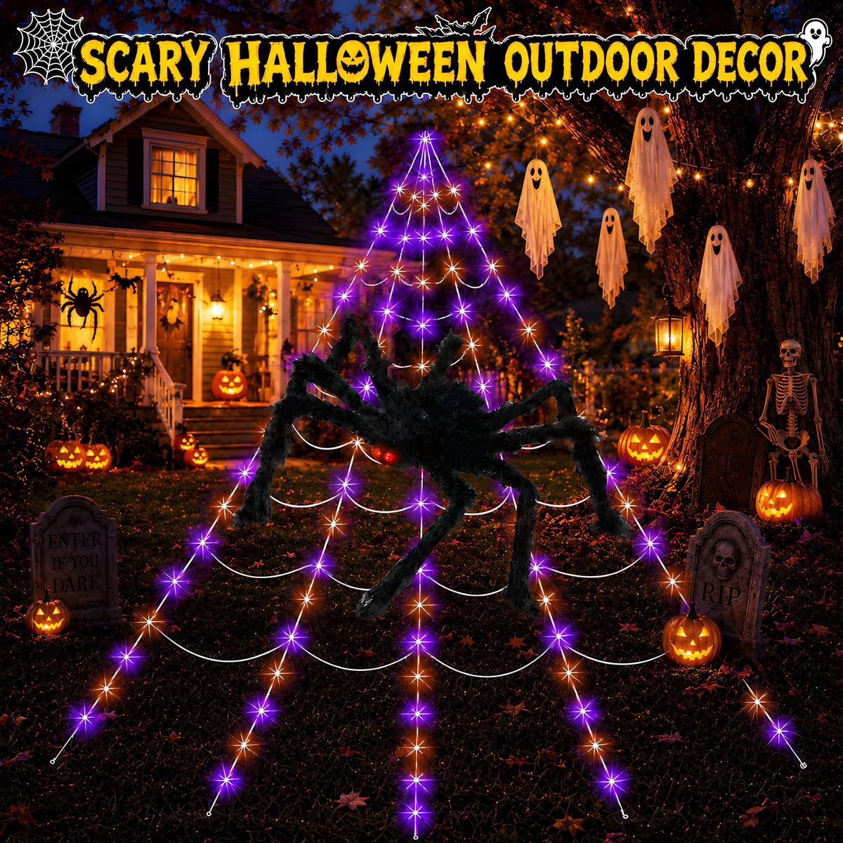 VOLIVO Halloween Spider Web Lights, 5 FT Giant Spider + 15.7 x 16.4 FT Light-up Triangular Web, 250 LED 8 Modes Waterproof Decor for Indoor Outdoor (Purple)