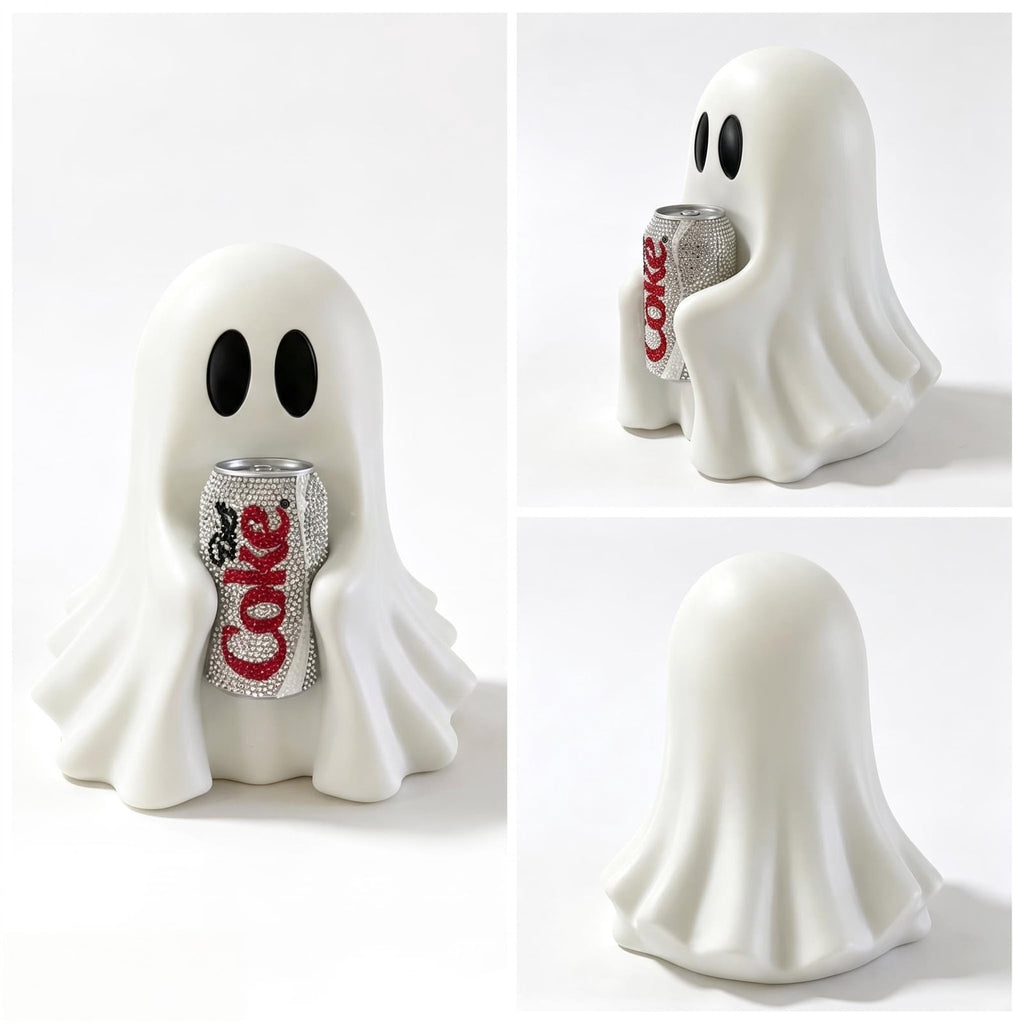 Halloween Ghost Figurine, Resin Lighted Ghost Ornament with Pumpkin Lantern & Beverage Cup, Tabletop Halloween Indoor Decor