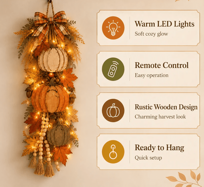 Rustic Wooden Pumpkin Door Hanging with Warm LED Lights, Ready-to-Hang Farmhouse Accent, Cozy Harvest Decor for Entryway & Living Room