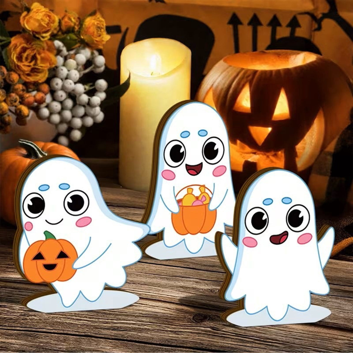 Halloween Ghost Figurine, Resin Lighted Ghost Ornament with Pumpkin Lantern & Beverage Cup, Tabletop Halloween Indoor Decor