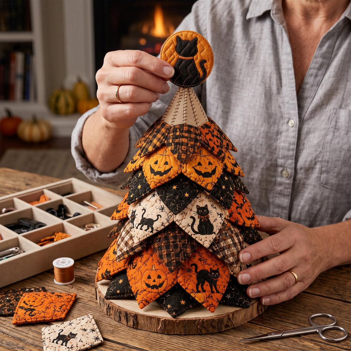 Halloween Fabric Trees - 11.8" DIY Halloween Quilted Fabric Tree Kit, Black Cat Pumpkin Witch Design, Sewing Patchwork Ghost Trees Holiday Table Mantel Decor, Handmade Gift for Craft Lovers