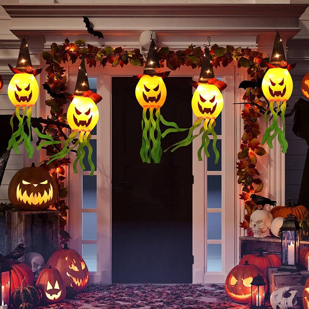 TETOU 5Pcs Halloween Decorations Outdoor Hanging Lights, Glowing Pumpkin Witch Hat Led Scary Light for Indoor Outside Party Tree Garden Porch Halloween Decoration - Warm Color
