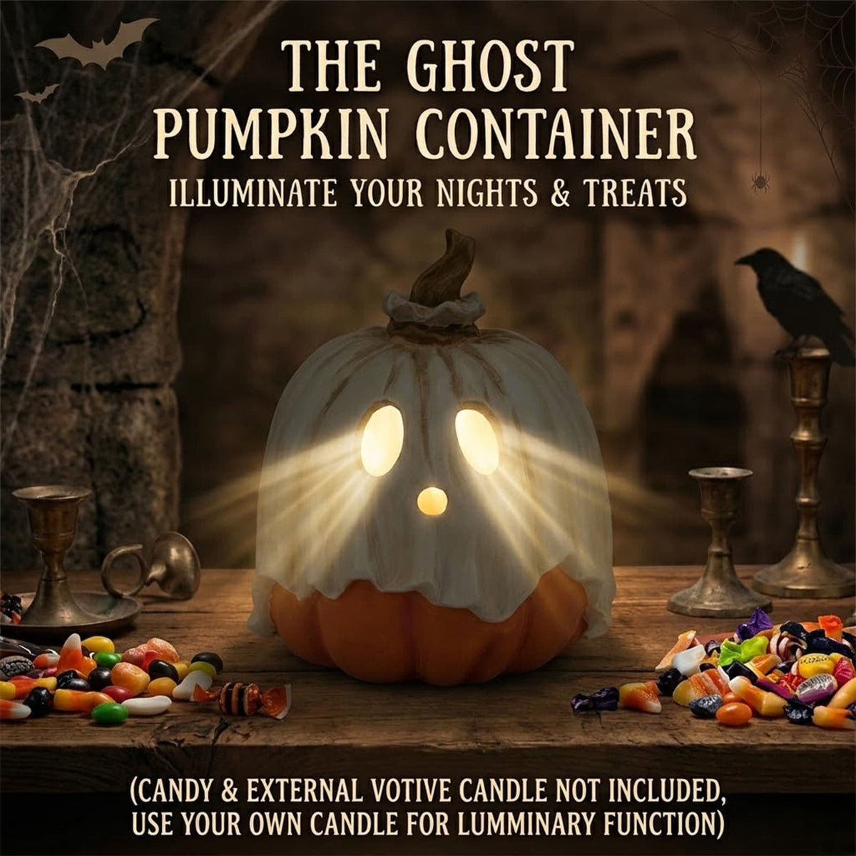 Ghost Pumpkin Candy Bowl/Lantern 2 In 1 With Detachable Ghost Mask Lid 10 Inch Resin Spooky Tabletop Decor For Halloween Party Supplies