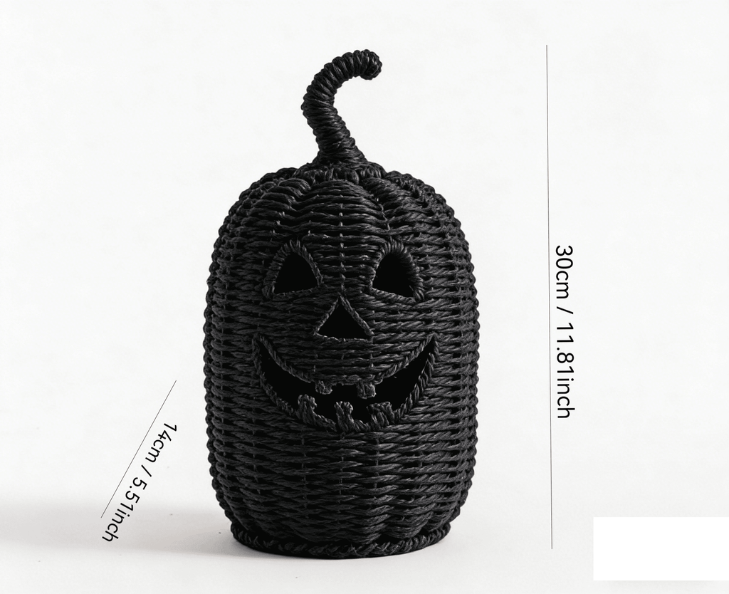 11.8" Black Woven Rattan Jack-O'-Lantern Pumpkin with Warm LED Light, Fall Halloween Tabletop Decoration for Indoor Home, Mantel, Party Decor, Rattan Halloween Pumpkin Decoration