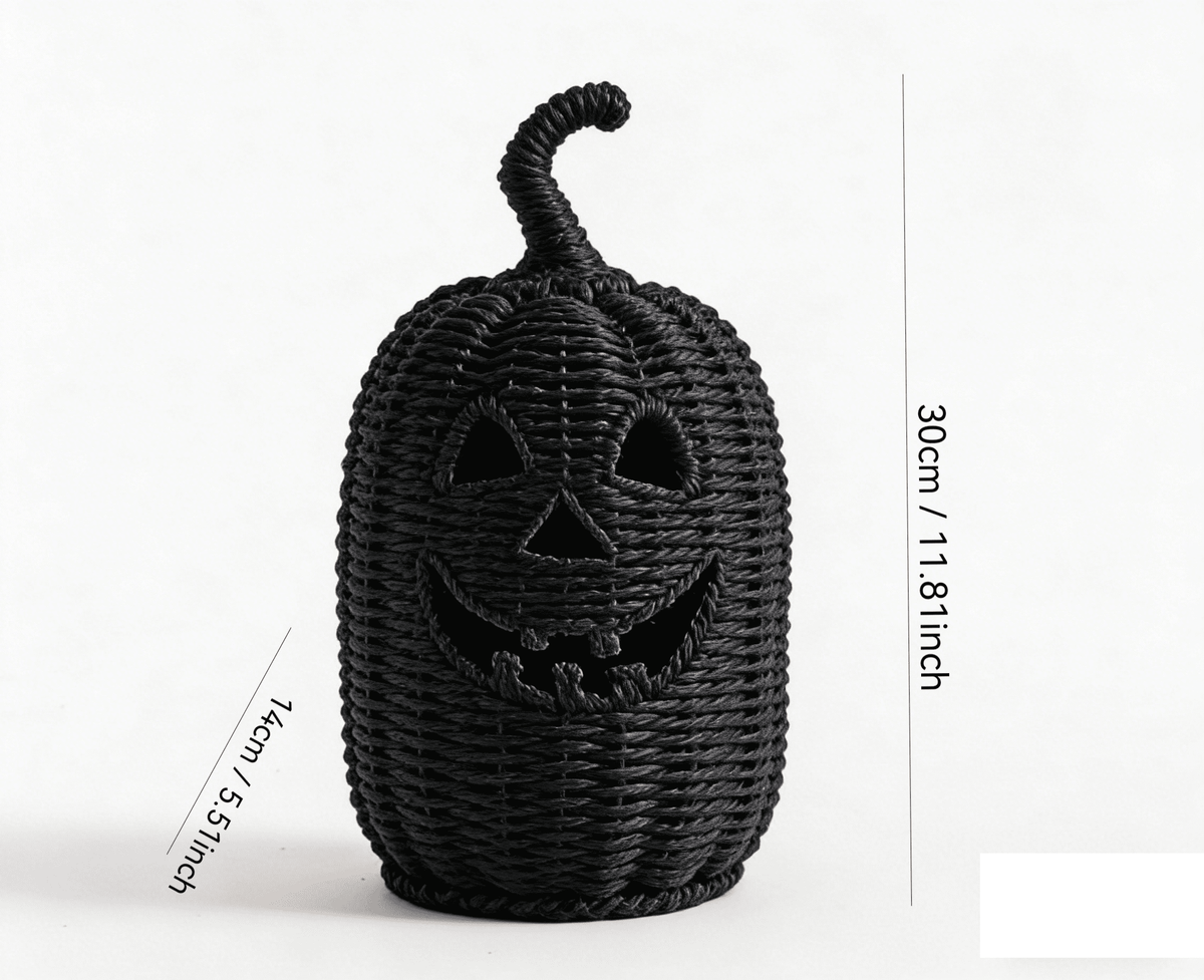 Aximioll Halloween Black Woven Jack-O-Lantern Pumpkin Decor, Hand Woven Rattan Wicker Style Statue, Trick or Treat Candy Bowl Lantern for Porch Entryway Fireplace Mantel Table, Black, 11 Inches