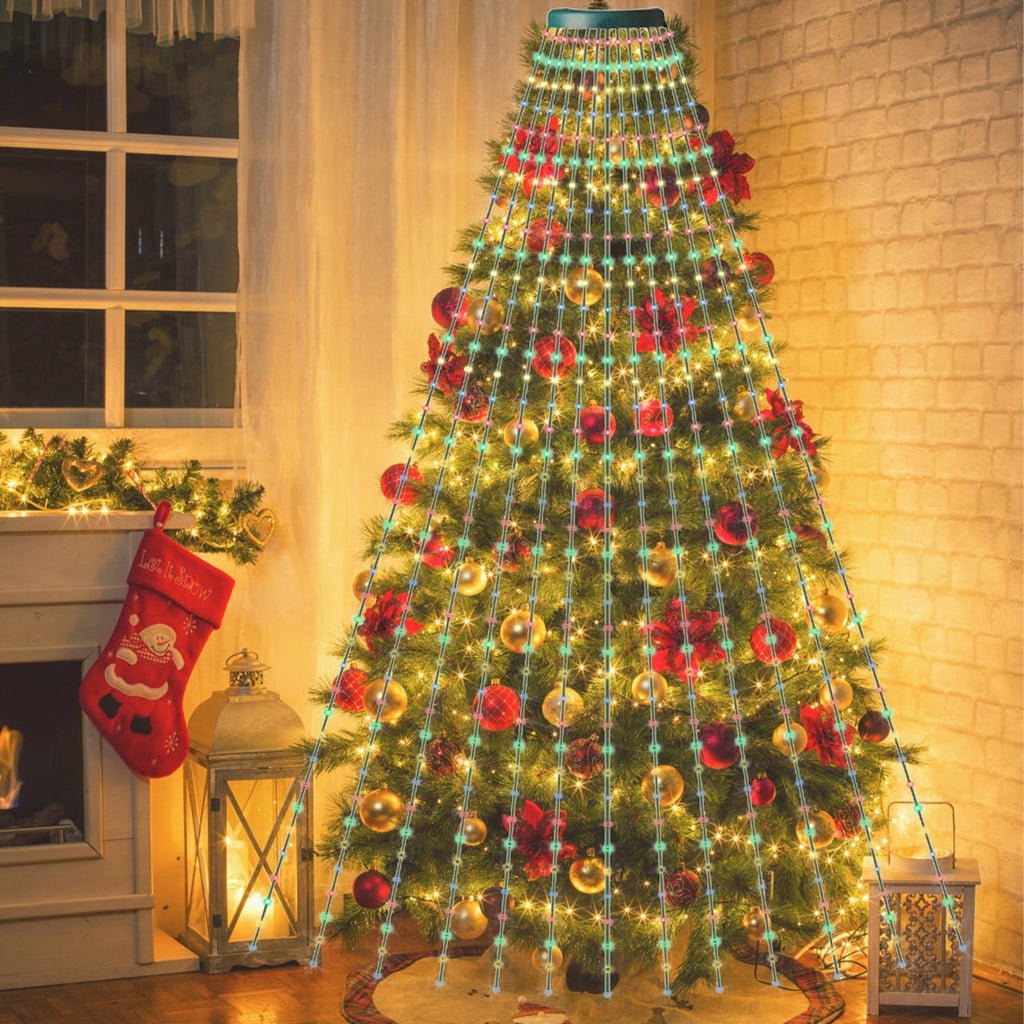 AYktou Christmas Tree Lights 6.56ft 16 Lines LED Waterfall Lights Waterproof Xmas Tree Topper Lights with Remote and USB Powered Christmas Lights for Halloween Xmas Year Holiday,Colorful