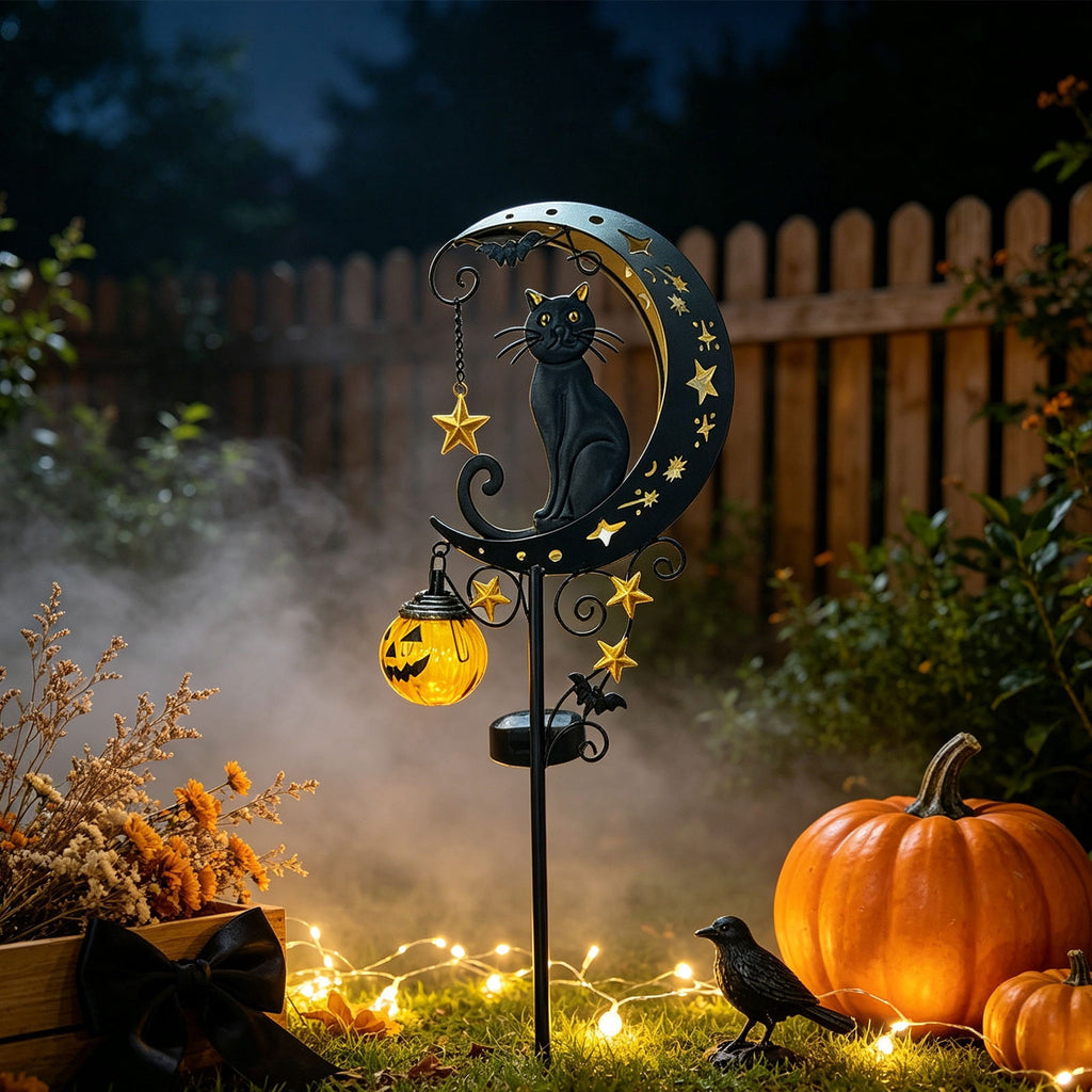 Solar Halloween Metal Moon Black Cat Garden Stake with LED Pumpkin Lantern, Light Up Star Bat Yard Decor Stake, Spooky Outdoor Lawn Pathway Halloween Decoration