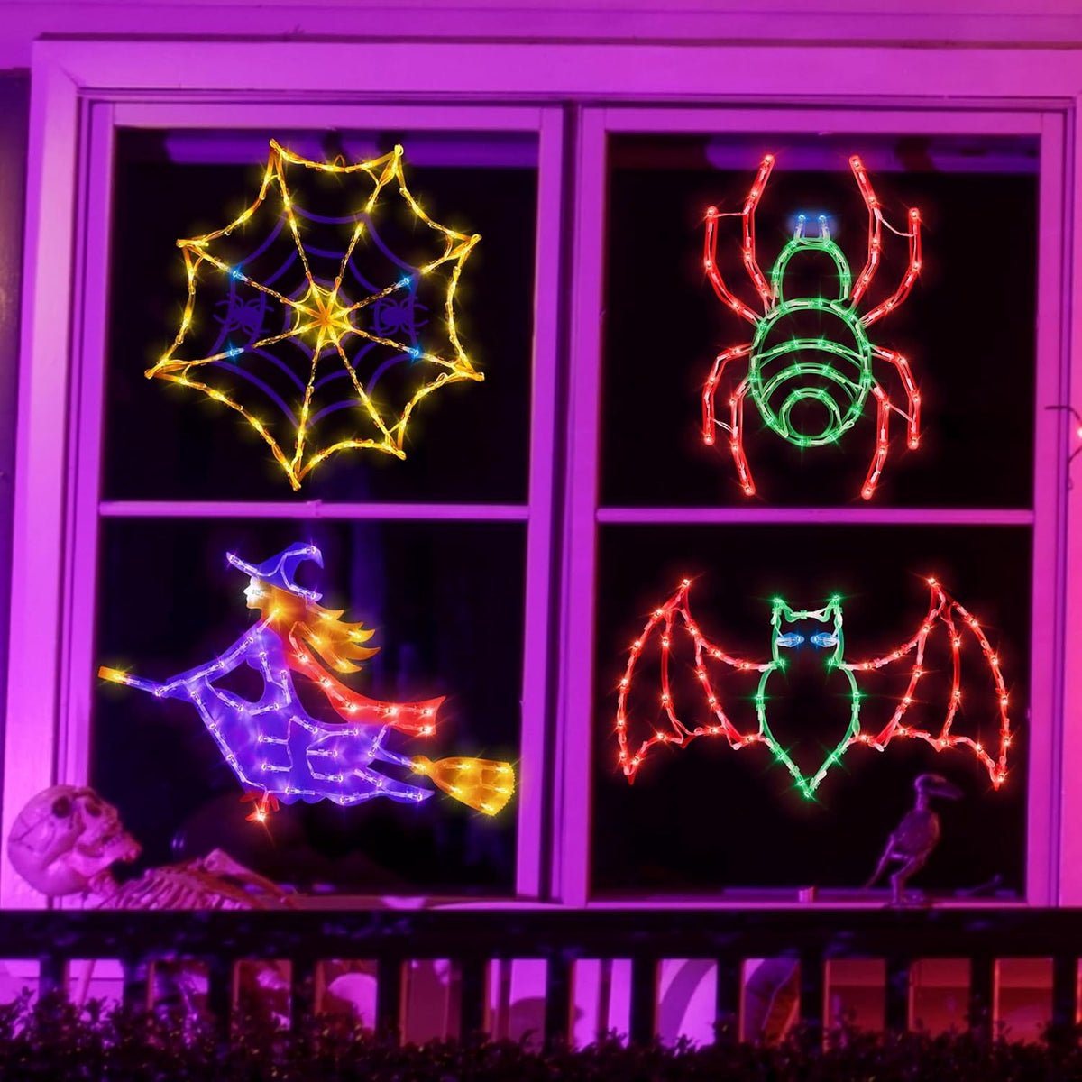 16" Halloween Window decorate Plug Light Witch Bat Spider Web door decor-4 Pack