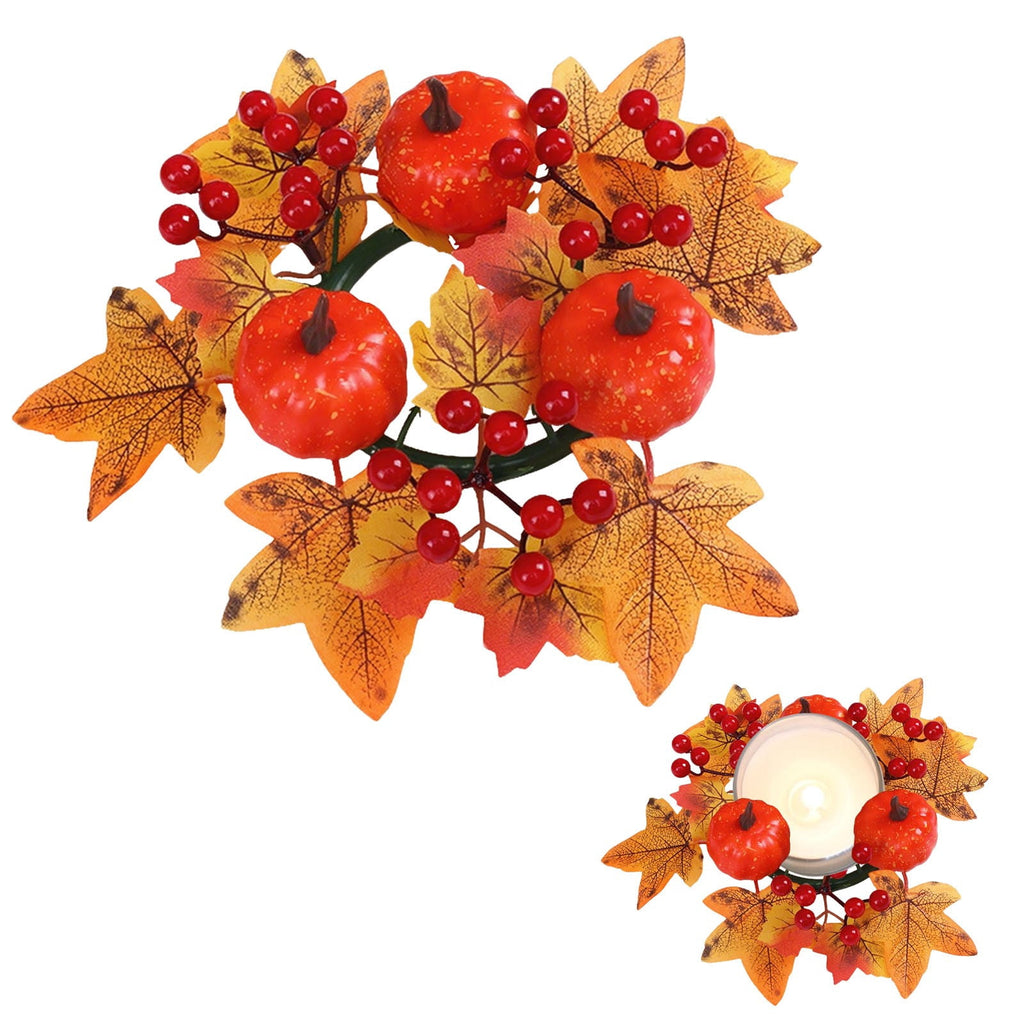 Fall Candle Ring,Artificial Maple Leaves Pumpkins Decorative Wreaths,Berry Wreath for Pillar Candle Holder,Candle Ring for Halloween Centerpieces and Farmhouse Table Decor,7.48 inch(Pink)