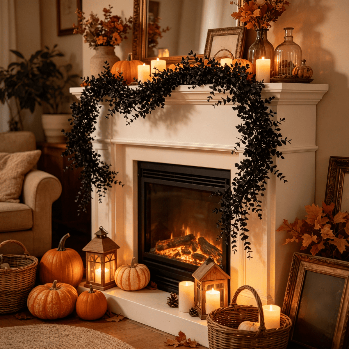 68 Inch Black Halloween Garland, Fall Artificial Vine, Thanksgiving Wall Decor for Home Mantel