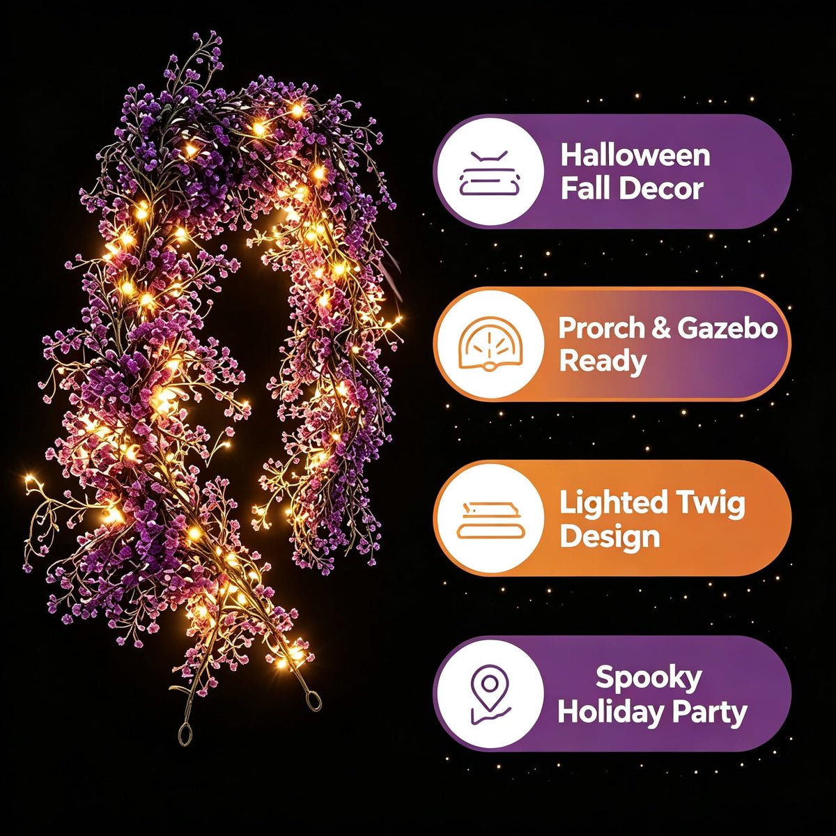 Halloween Black Garland with LED Lights 70.87 Inch Gothic Foliage for Mantel Stair Halloween Party Home Indoor Decor