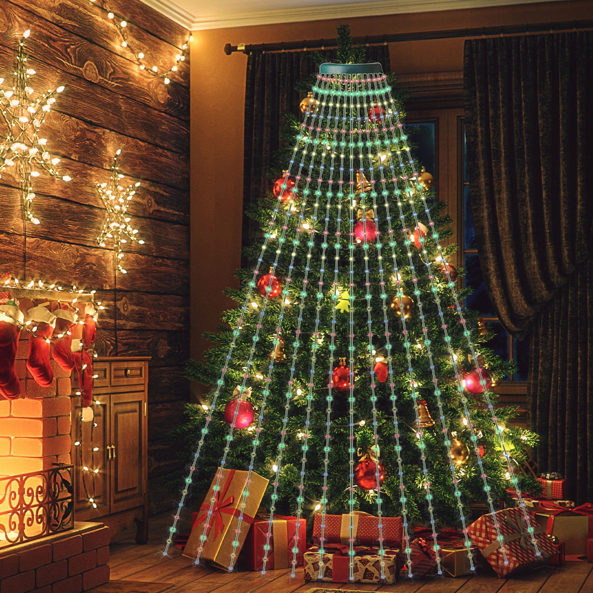 AYktou Christmas Tree Lights 6.56ft 16 Lines LED Waterfall Lights Waterproof Xmas Tree Topper Lights with Remote and USB Powered Christmas Lights for Halloween Xmas Year Holiday,Colorful
