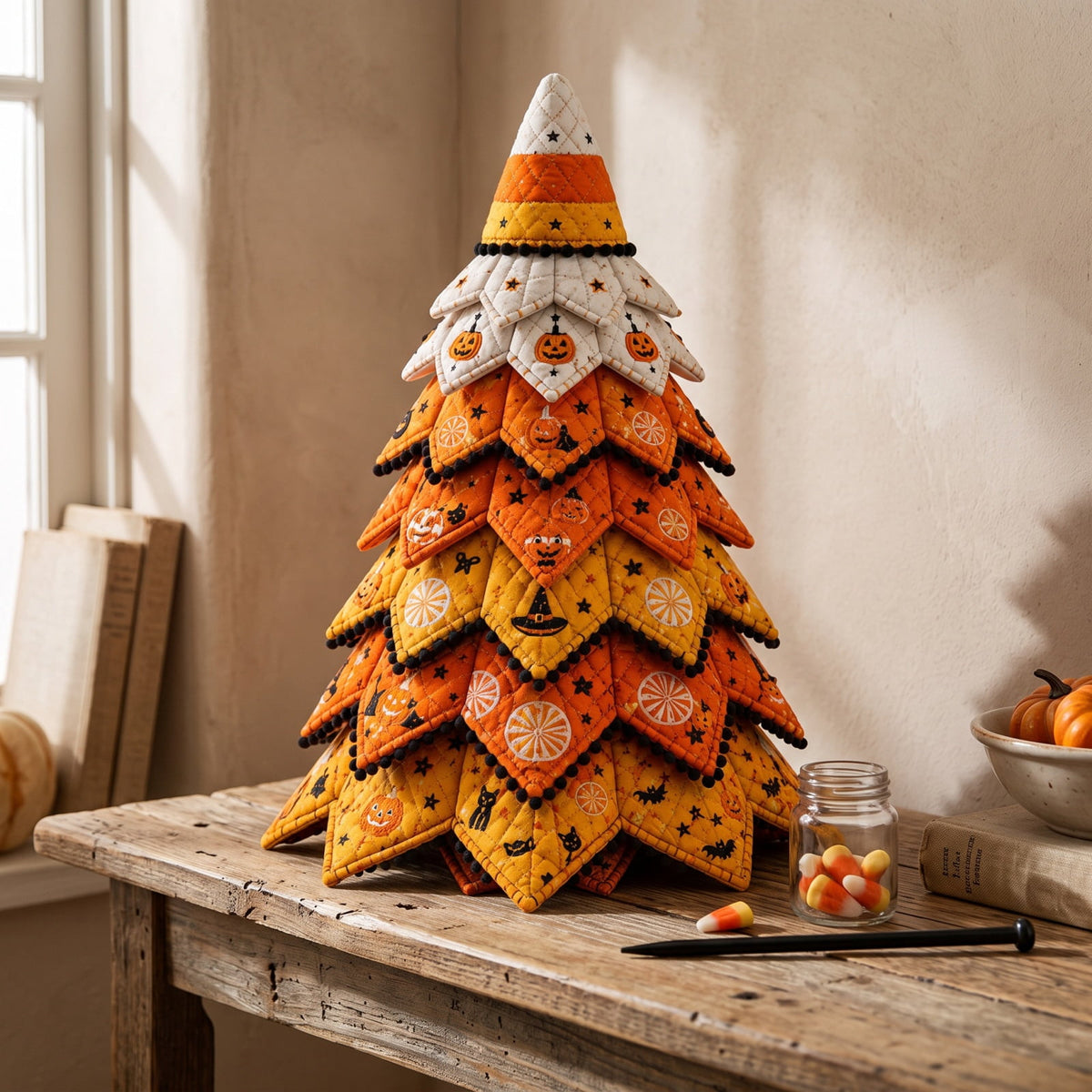 Halloween Fabric Trees - 11.8" DIY Halloween Quilted Fabric Tree Kit, Black Cat Pumpkin Witch Design, Sewing Patchwork Ghost Trees Holiday Table Mantel Decor, Handmade Gift for Craft Lovers