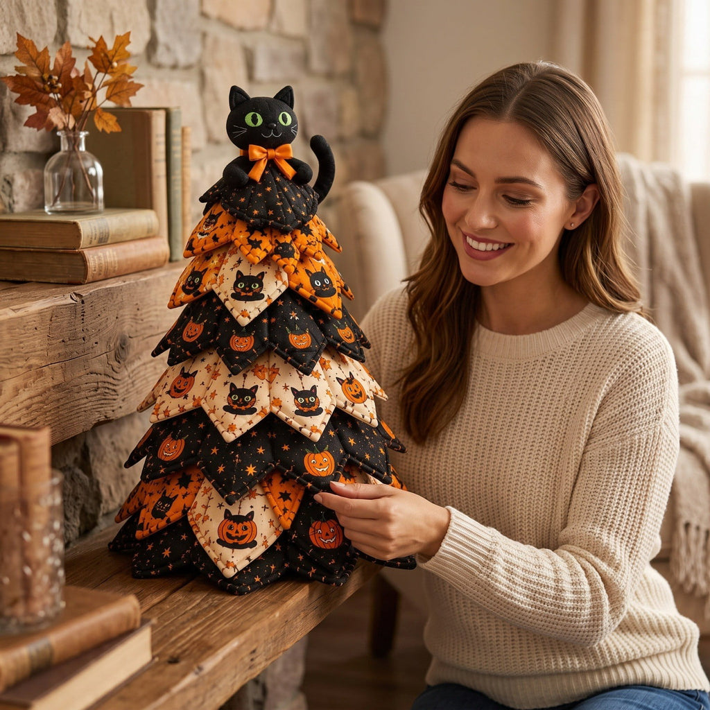 Lypsnake DIY Halloween Quilted Fabric Tree Kit, Vintage Pumpkin Sunflower Patchwork, 3D Padded Sewing Craft Project for Autumn Harvest Decor