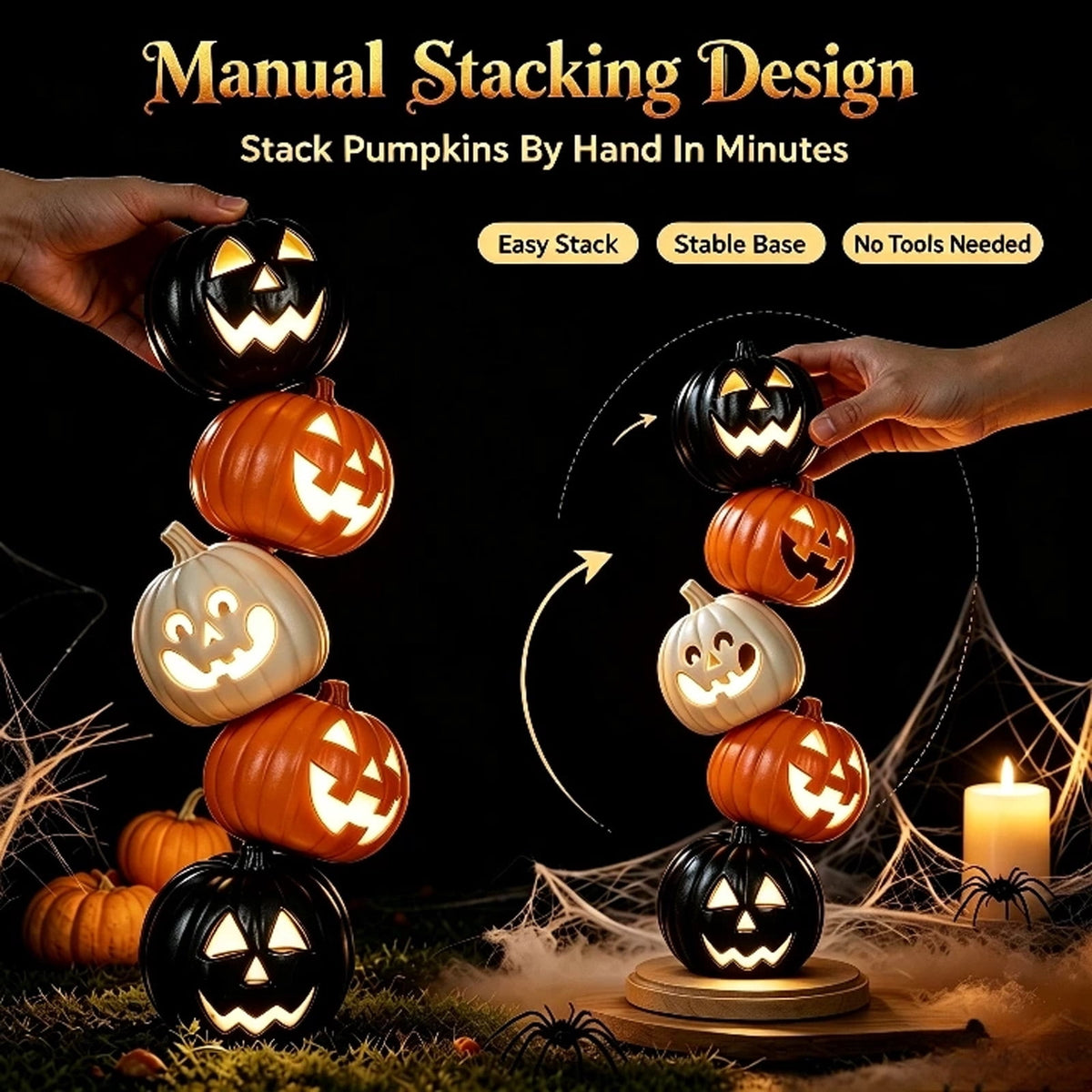 Halloween Stacked Light Up Pumpkin Lantern Statue, Multi-Color LED Pumpkin Tower Figurine, Halloween Glowing Pumpkin Stack Decor, for Front Yard, Porch, Lawn, Party