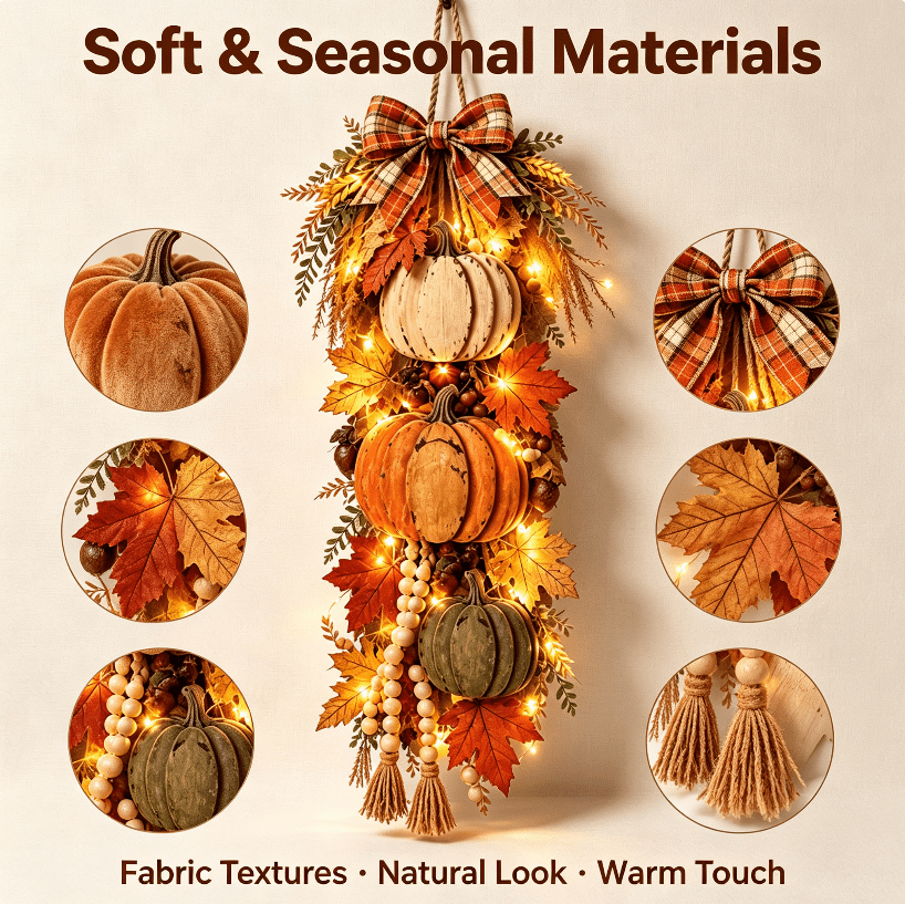 Rustic Wooden Pumpkin Door Hanging with Warm LED Lights, Ready-to-Hang Farmhouse Accent, Cozy Harvest Decor for Entryway & Living Room