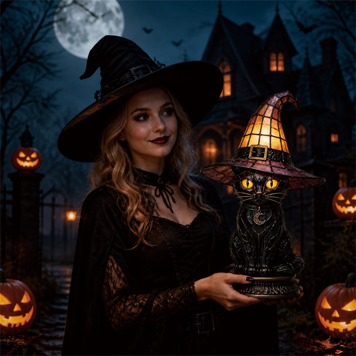 Fuebueo Halloween Witch Hat Lamp 11.81 Inch, Stained Glass Tiffany Style Table Lamp for Bedroom Nightstand, Gothic Witchy Halloween Decorations for Home Living Room