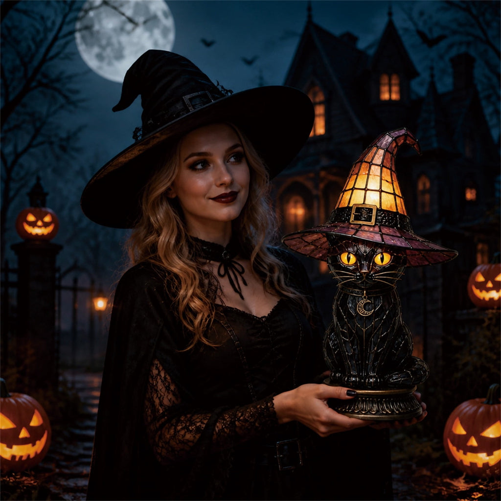 Guodhu Witch Hat Table Lamp Halloween Glowing Resin Ornament Mini Night Light for Bedroom Shelf Spooky Decor with LED(Multicolor)