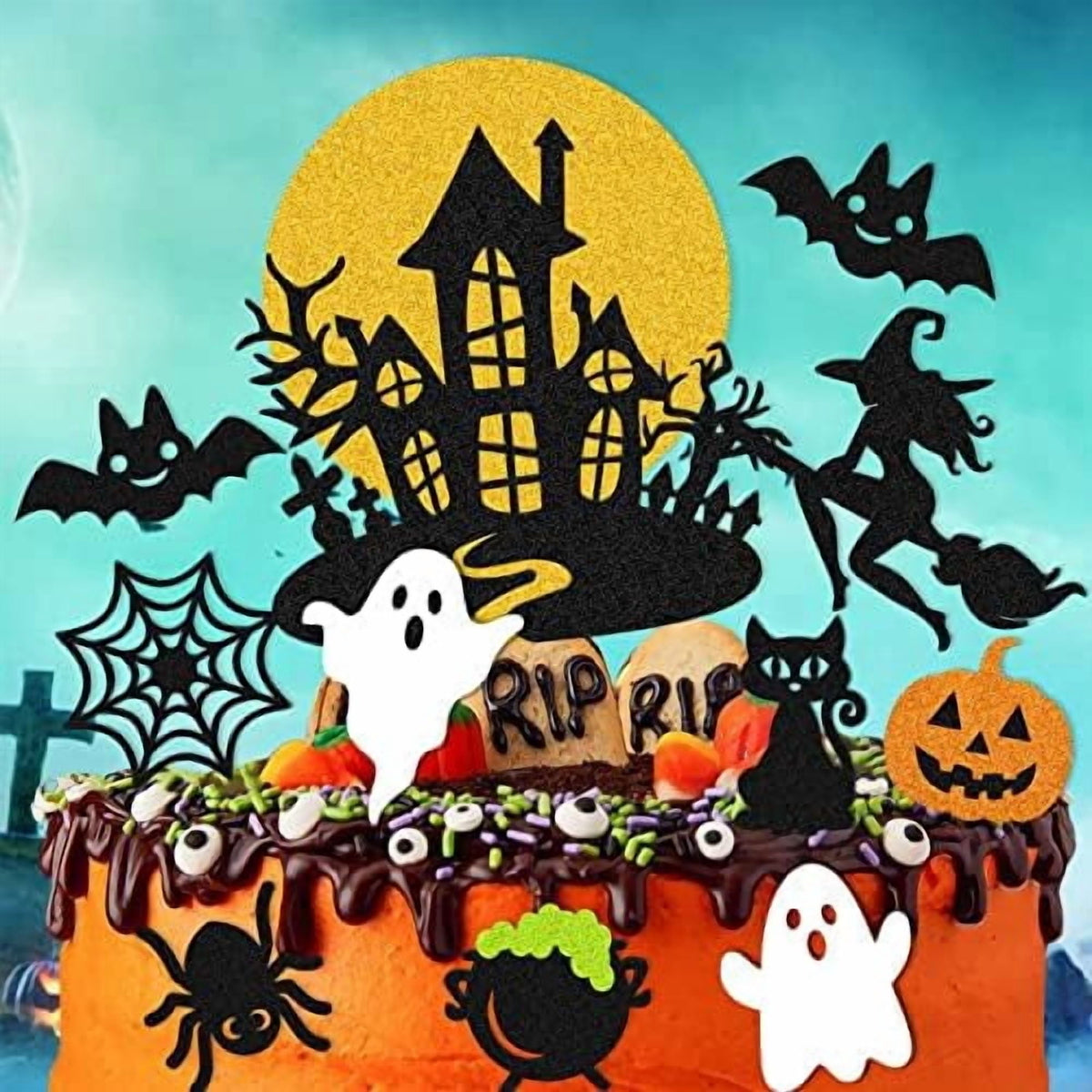 Halloween Cake Decoration Halloween Cupcake Topper Ghost Witch Pumpkin Bat Spider Haunt House Theme Cake Decoration for Horror Party Supplies