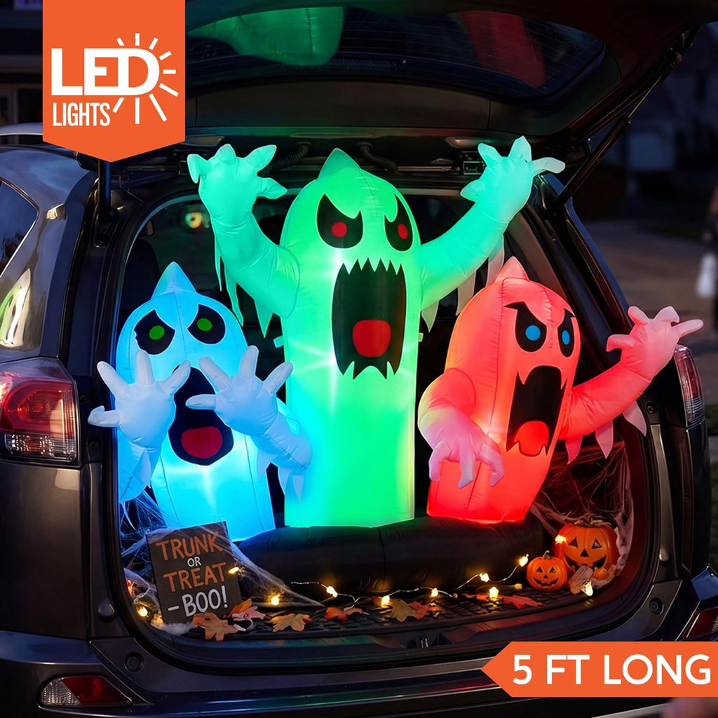 Joyfy 5 FT Halloween Inflatable Ghost Decoration with Colorful LEDs,Trunk or Treat Car Decorations Kit Ghost Trio with Built-in LED Light for Halloween Party Indoor,Outdoor,Yard,Garden Decor