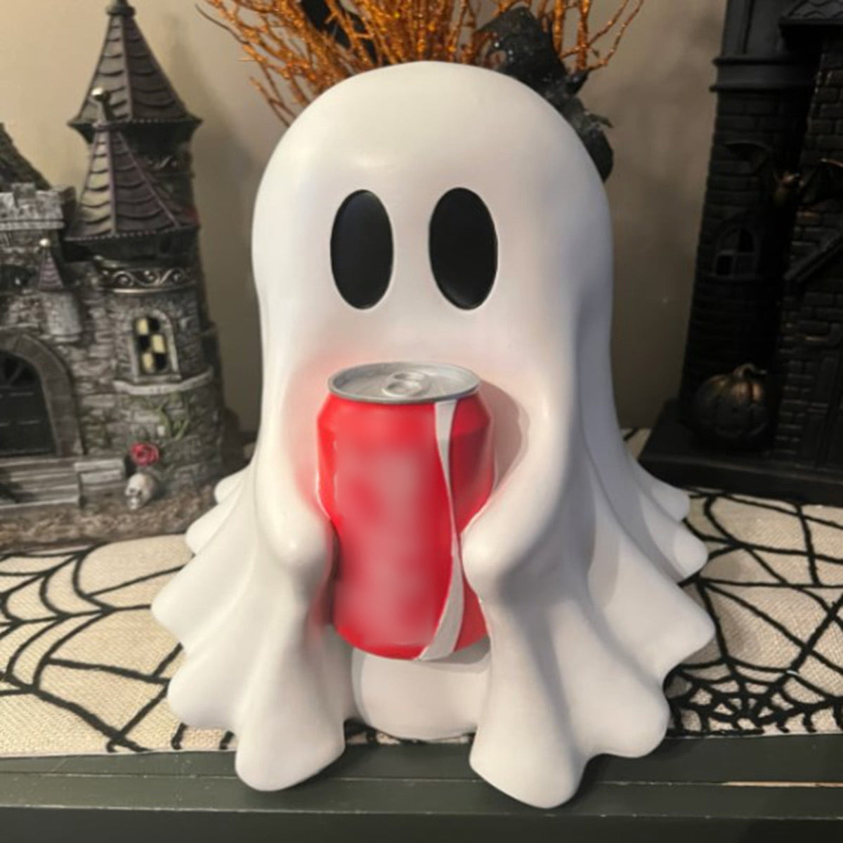 Halloween Ghost Figurine, Resin Lighted Ghost Ornament with Pumpkin Lantern & Beverage Cup, Tabletop Halloween Indoor Decor