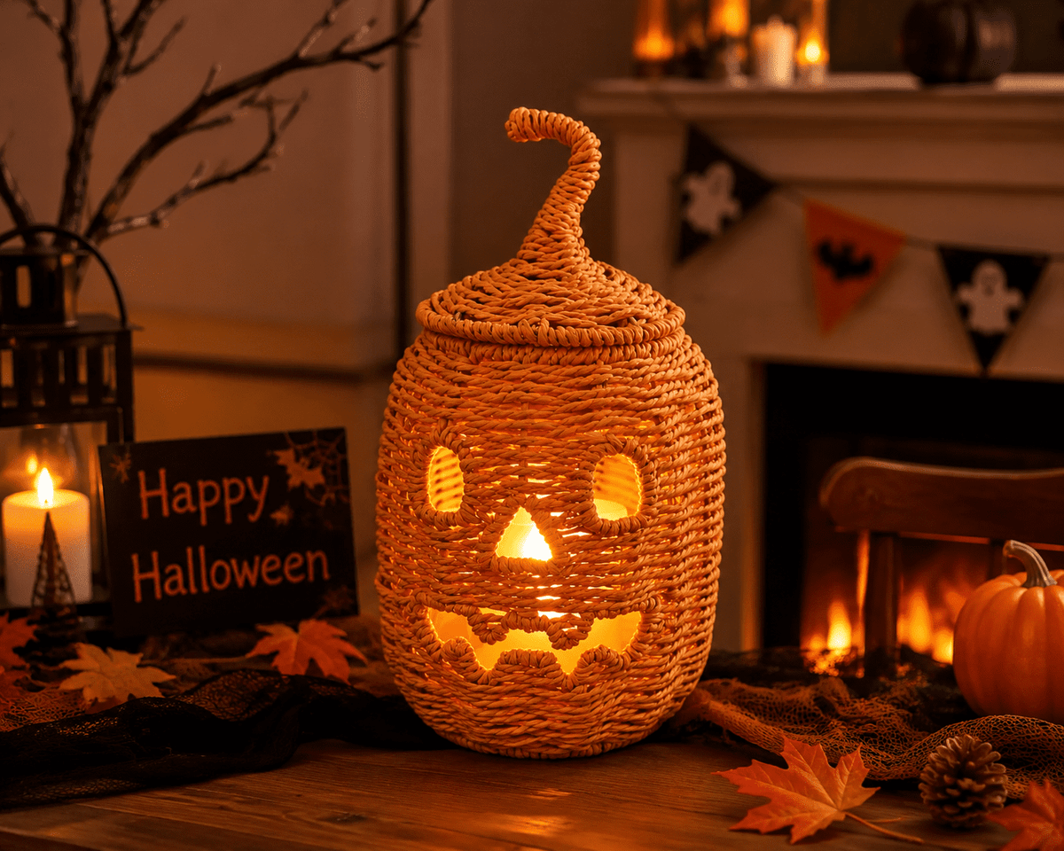 Handwoven Rattan Ghost Lantern with Witch Hat - 13.78 Inch White Wicker Ghost Decor, Light Up Halloween Decorations for Indoor Outdoor, Porch, Patio, Spooky Home Decor, Fall Harvest