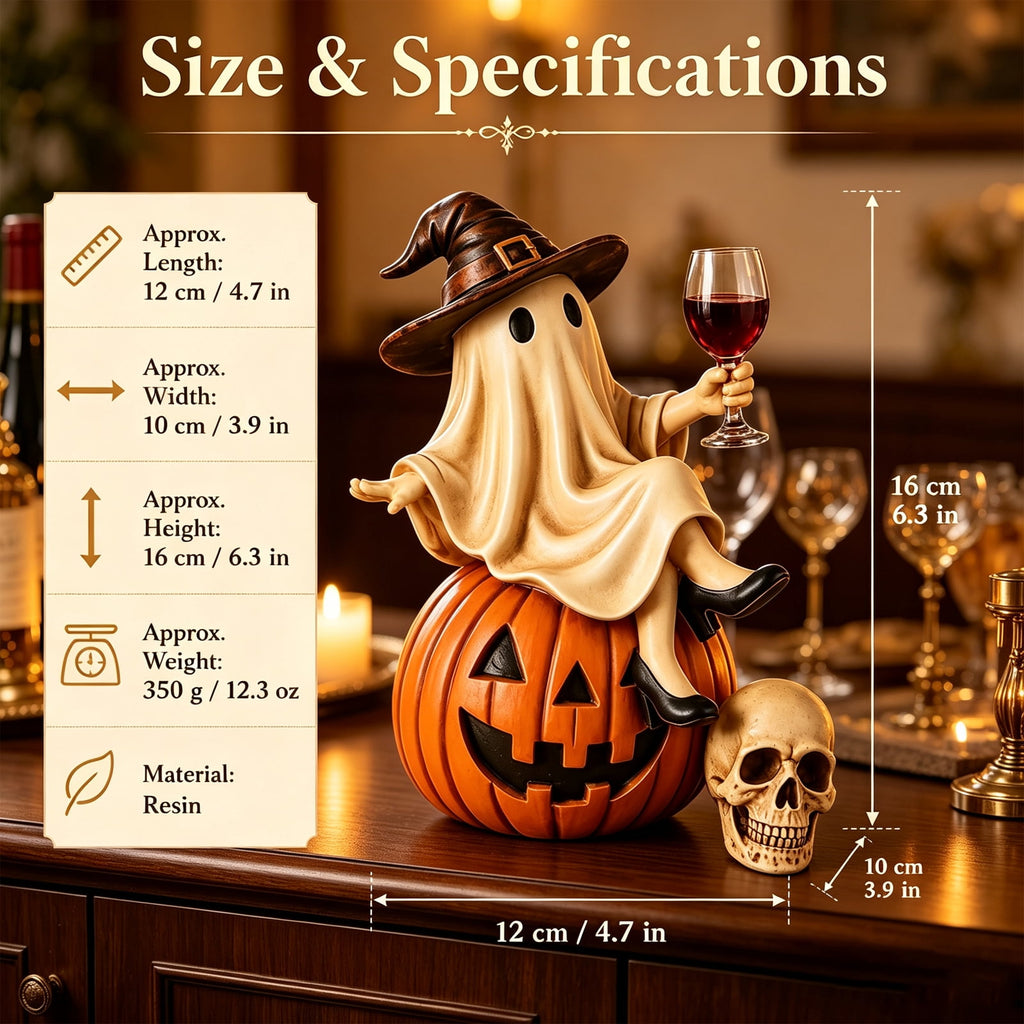 Ghost Decor, Halloween Figurines, Ghost Drinking Coffee Figurine, Witch on Pumpkin, Wine Glass, Spooky Home Accent