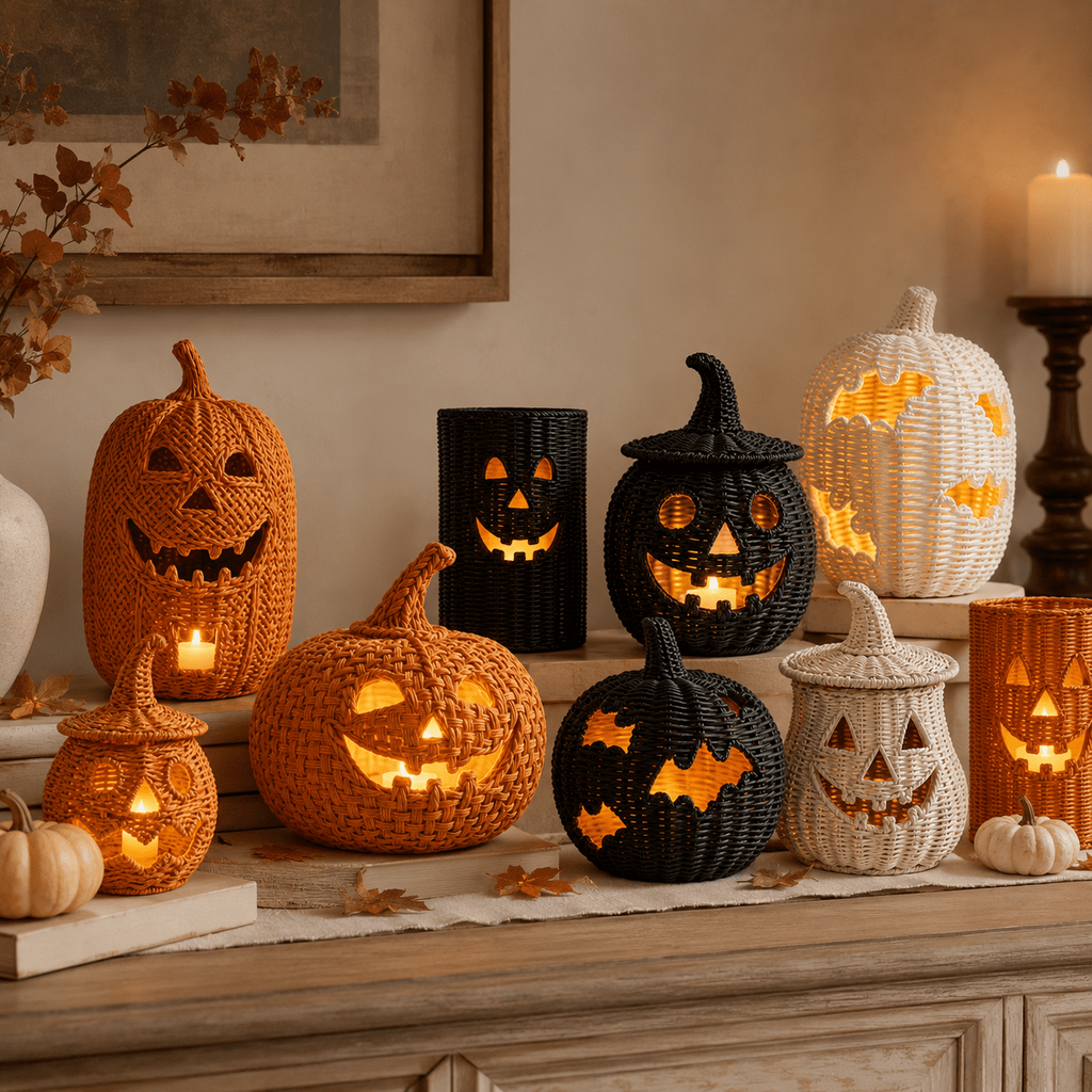 Aximioll Halloween Black Woven Jack-O-Lantern Pumpkin Decor, Hand Woven Rattan Wicker Style Statue, Trick or Treat Candy Bowl Lantern for Porch Entryway Fireplace Mantel Table, Black, 11 Inches