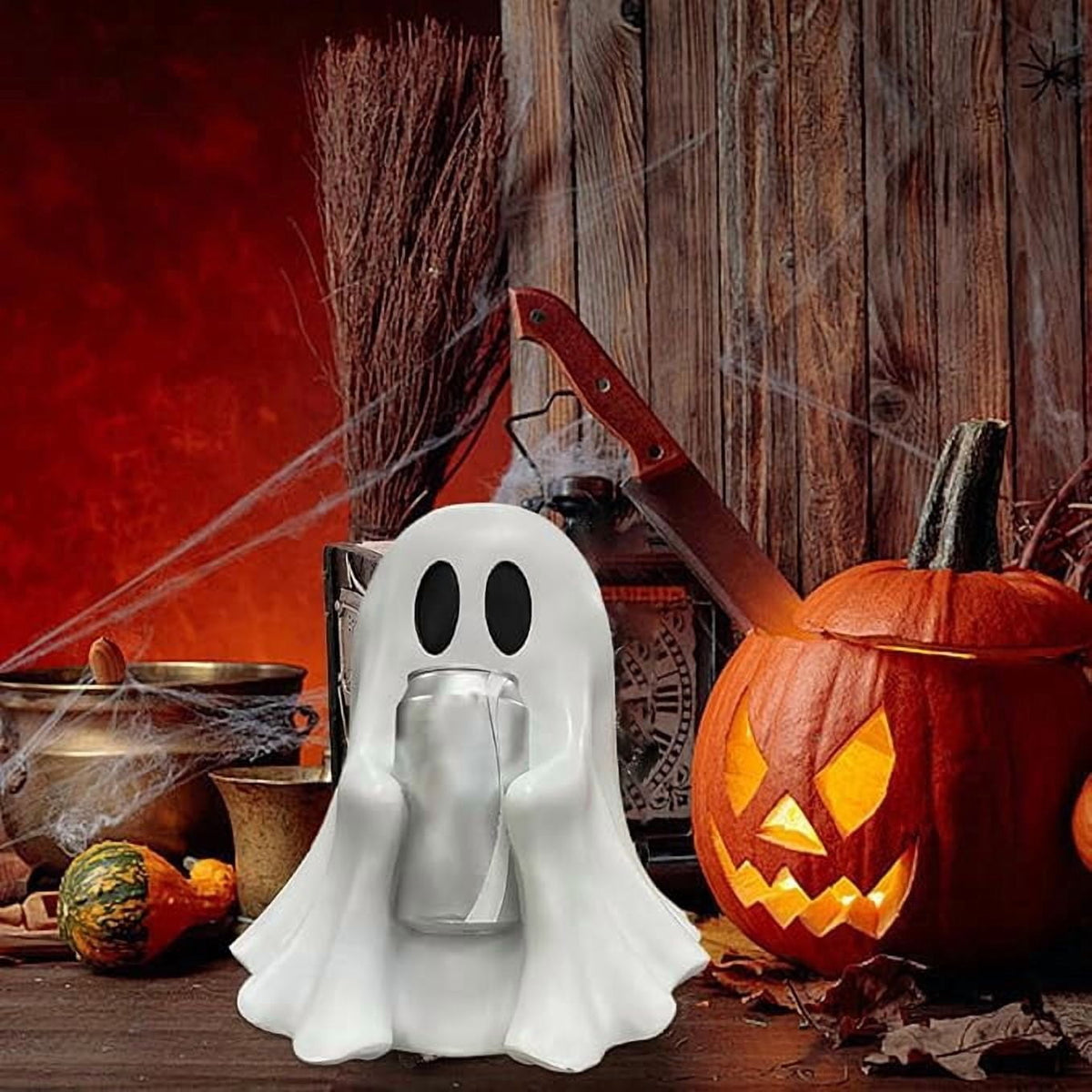 Halloween Ghost Figurine, Resin Lighted Ghost Ornament with Pumpkin Lantern & Beverage Cup, Tabletop Halloween Indoor Decor
