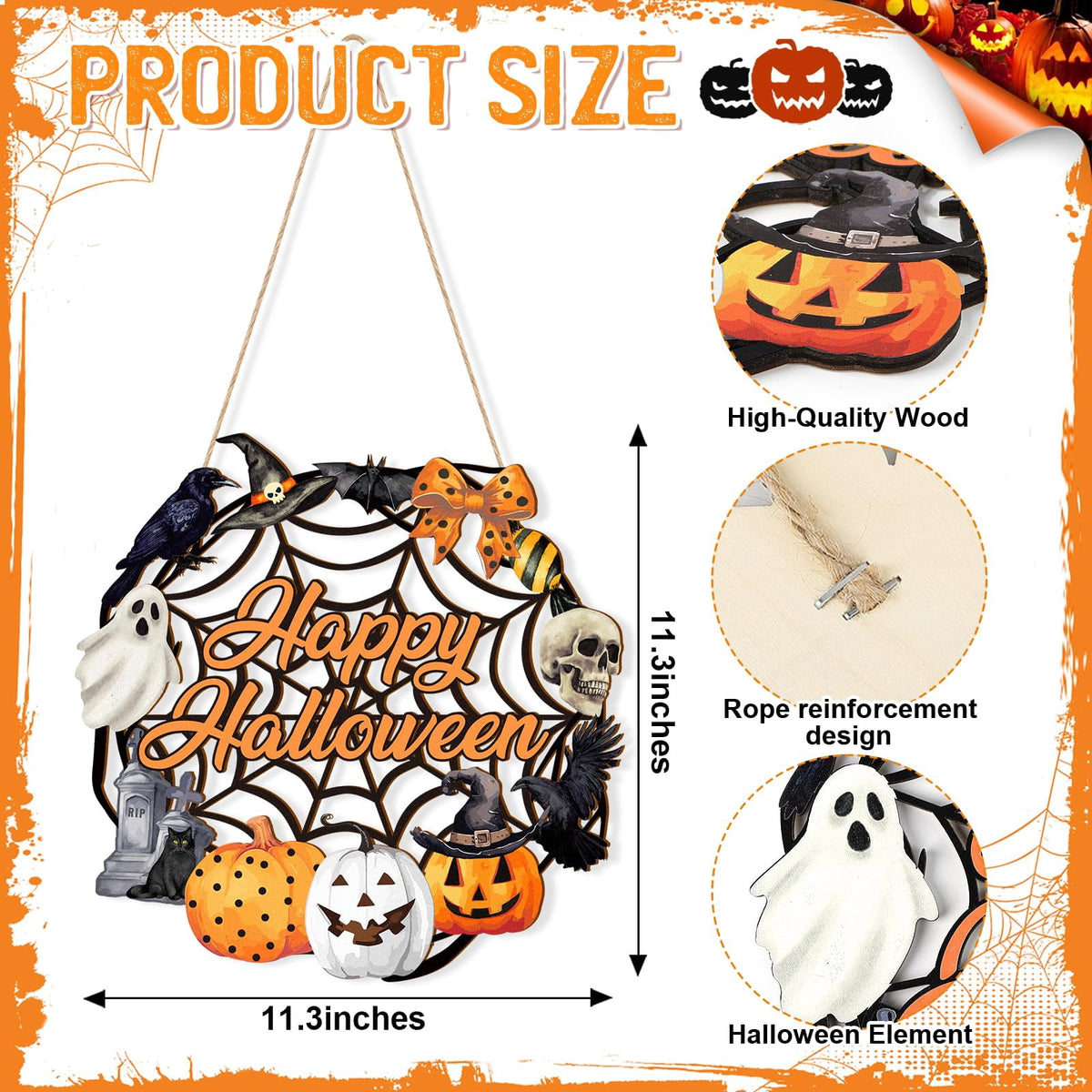 Halloween Door Wreath,Wooden Door Sign Halloween Wreath for Front Door Decoration with Ghost Black Cat Pumpkin Fall Decor