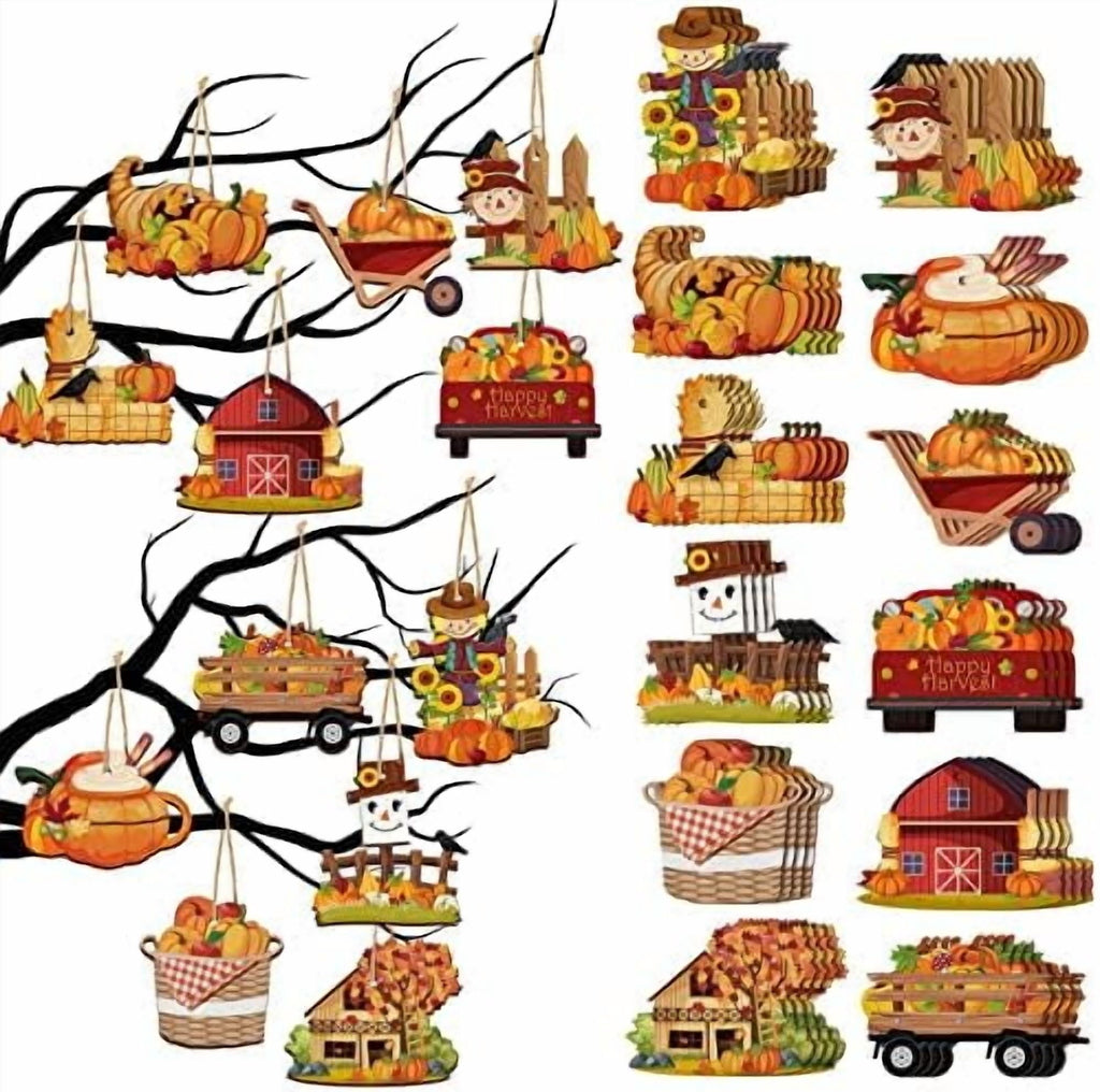 48 Piece Fall Wooden Tree Ornaments Pumpkin Scarecrow Thanksgiving Maple Leaf Decorations