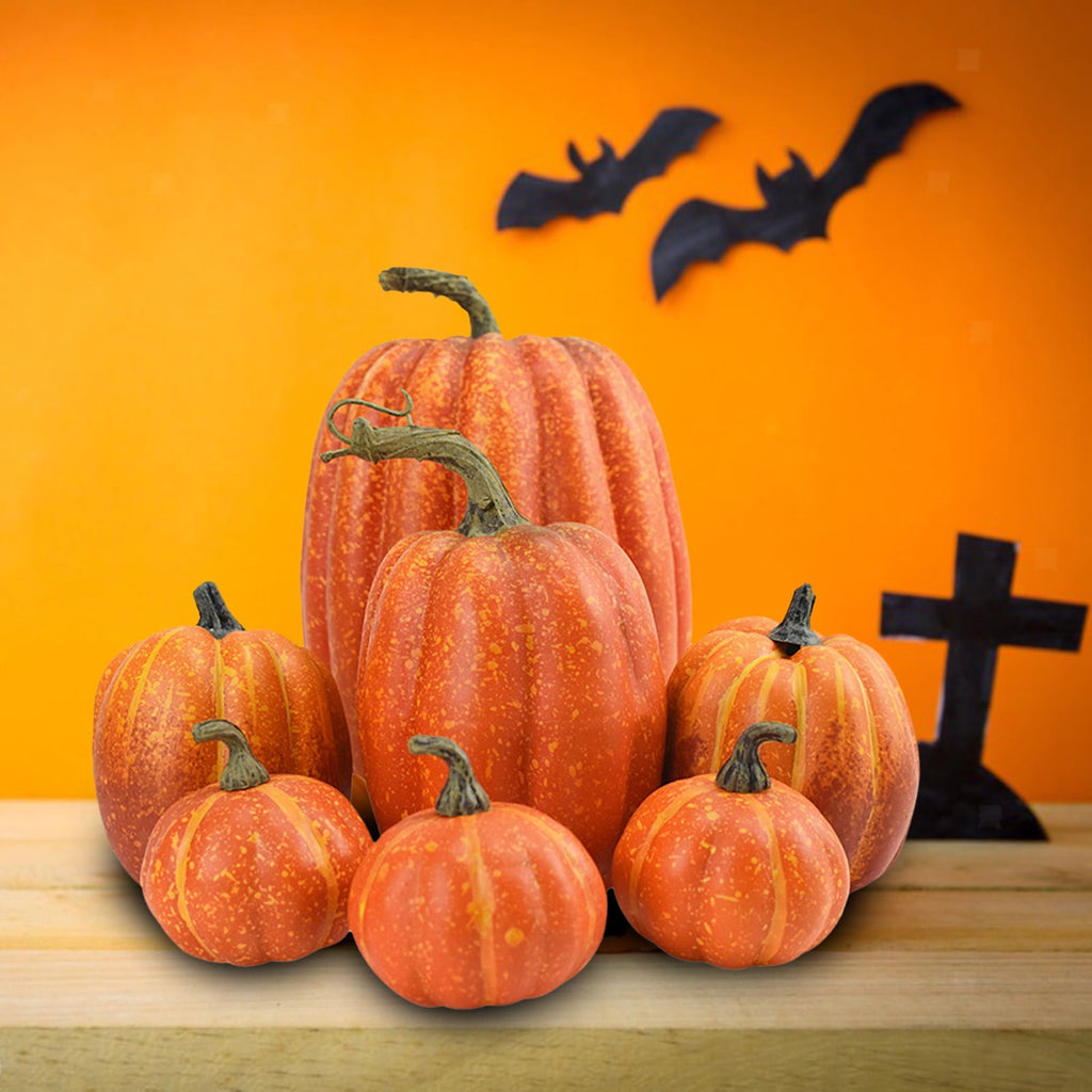 7PCS Pumpkin Decor Set for Fall and Halloween, Artificial Foam Pumpkins in Orange for Indoor and Outdoor Decor for Thanksgiving Table Centerpieces, Wedding Decorations and DIY Crafts