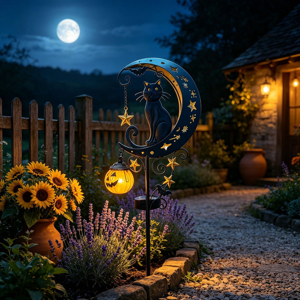 Solar Halloween Metal Moon Black Cat Garden Stake with LED Pumpkin Lantern, Light Up Star Bat Yard Decor Stake, Spooky Outdoor Lawn Pathway Halloween Decoration