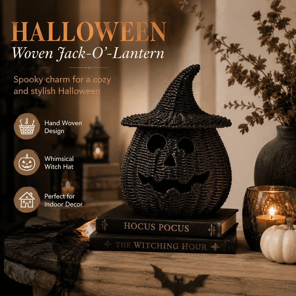 Halloween Woven Seagrass Pumpkin for Spooky Halloween Candy Storage and Home Decor, Black Handcrafted Witch Hat Woven Seagrass Lantern for LED Candy（B）