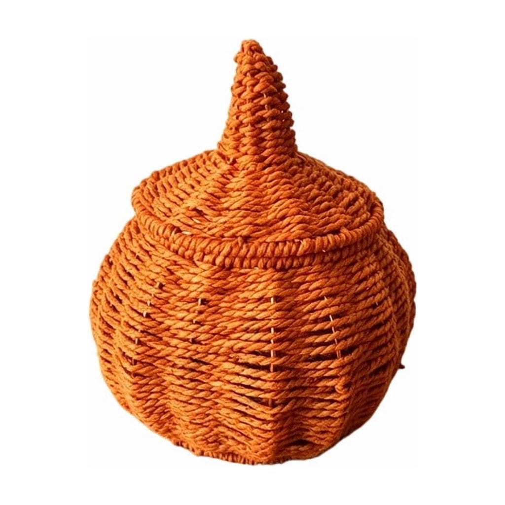 Sahpxhe Black Woven Pumpkin Basket with Lid Handmade Wicker Pumpkin Candy Baskets for Halloween Tabletop Mantel Candy Storage Decorations