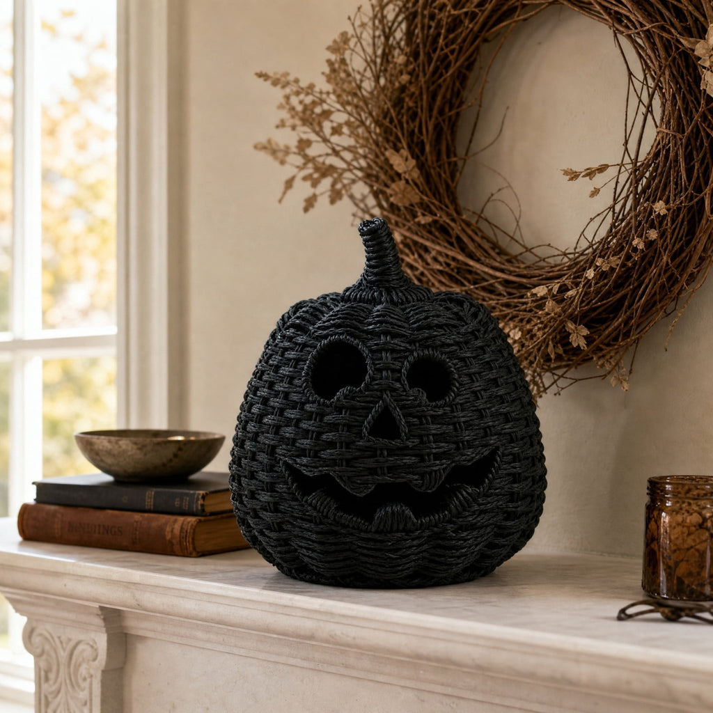 Sahpxhe Black Woven Pumpkin Basket with Lid Handmade Wicker Pumpkin Candy Baskets for Halloween Tabletop Mantel Candy Storage Decorations