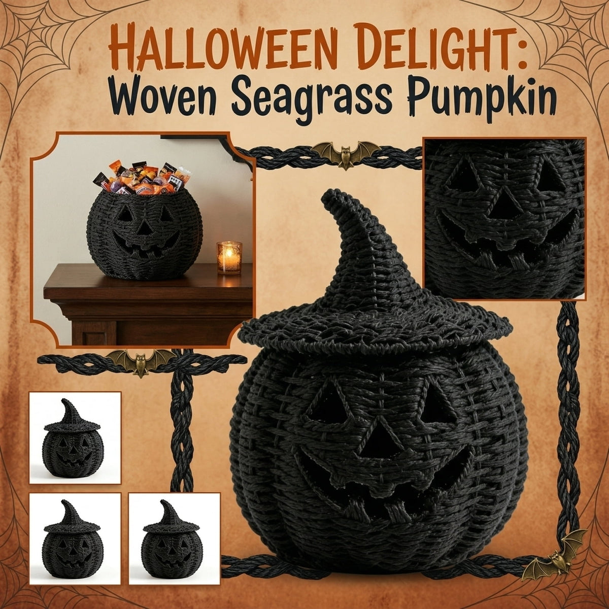Handwoven Pumpkin Shaped Decorative Basket with Witch Hat Lid for Halloween Indoor Outdoor Display Storage