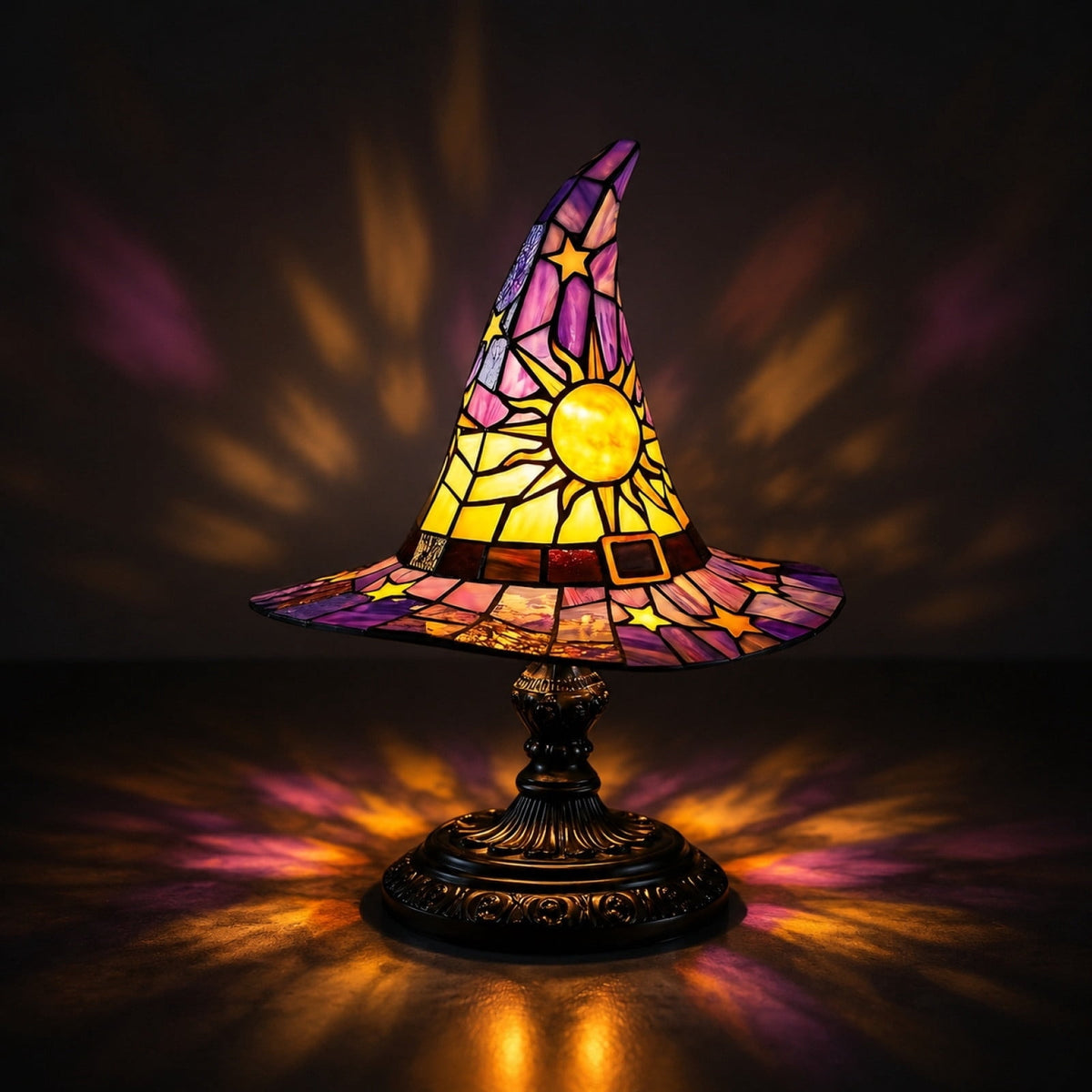 Stained Glass Witch Hat Lamp Gothic Halloween Lighting Decor, Vintage Witchy Hats Night Lights, Handcrafted Retro Resin Table Lamp for Bedroom, Living Room & Home Decor