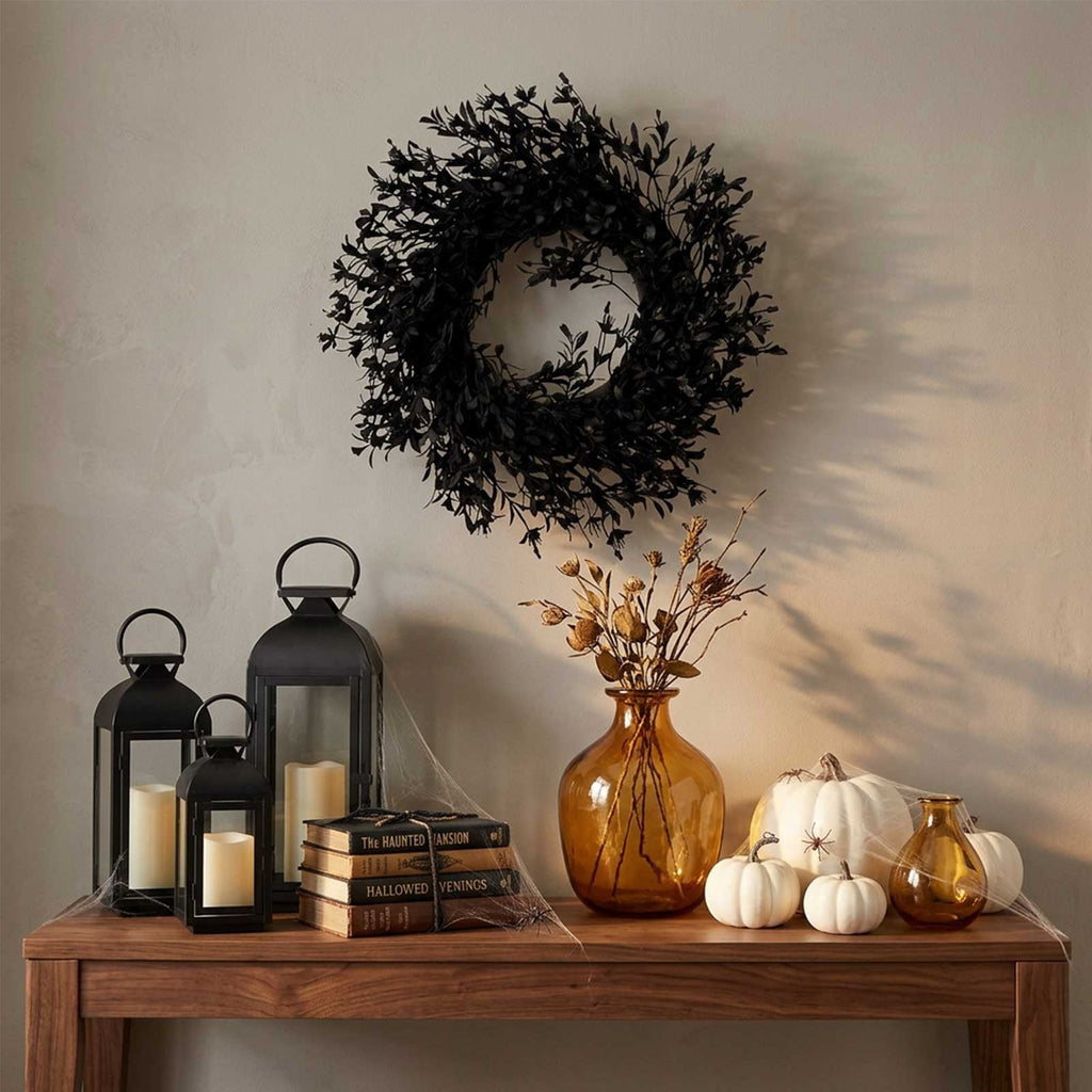 Halloween Black Garland with LED Lights 70.87 Inch Gothic Foliage for Mantel Stair Halloween Party Home Indoor Decor