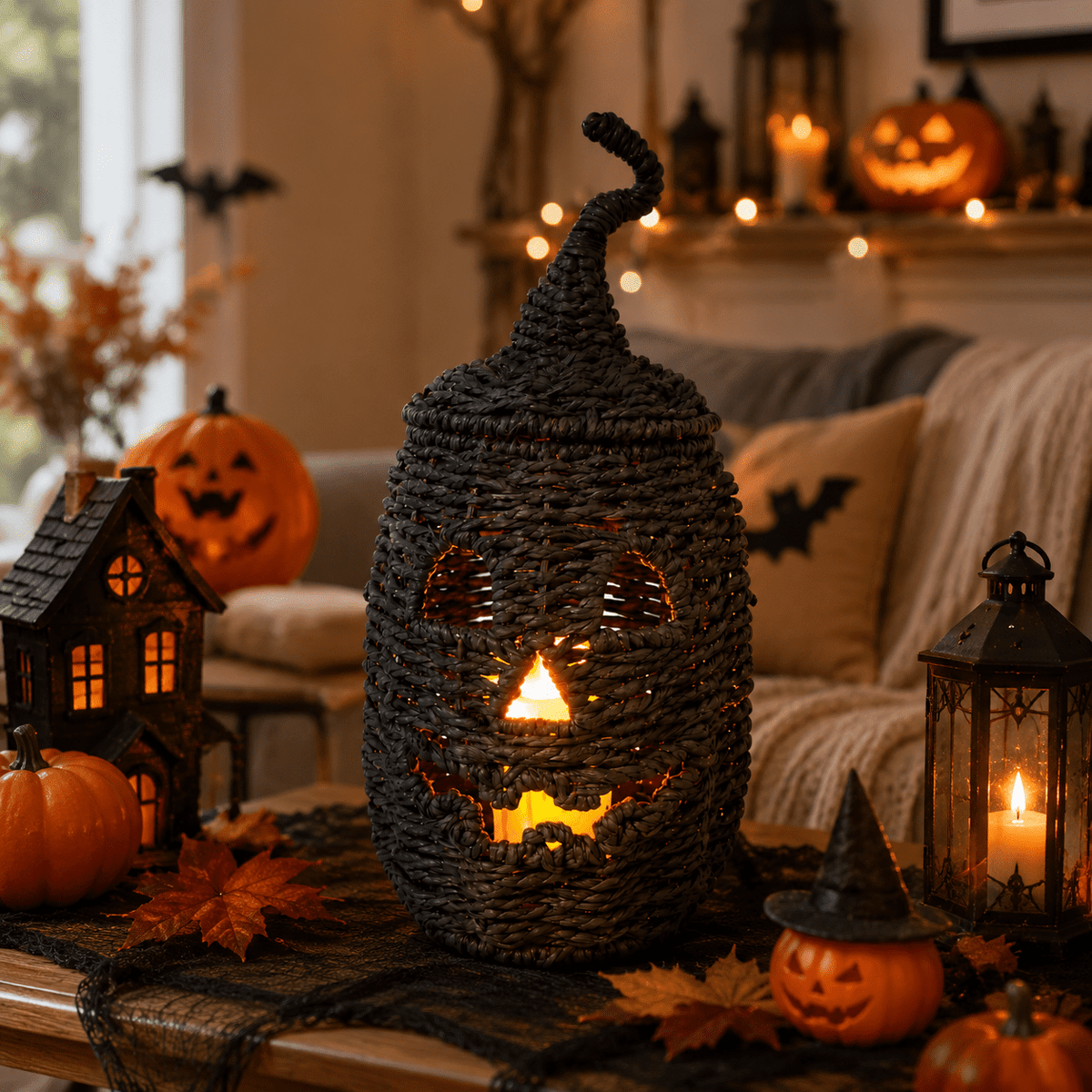 Handwoven Rattan Ghost Lantern with Witch Hat - 13.78 Inch White Wicker Ghost Decor, Light Up Halloween Decorations for Indoor Outdoor, Porch, Patio, Spooky Home Decor, Fall Harvest