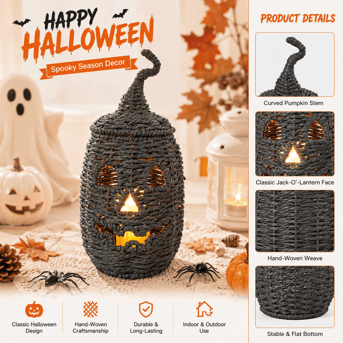 Handwoven Rattan Ghost Lantern with Witch Hat - 13.78 Inch White Wicker Ghost Decor, Light Up Halloween Decorations for Indoor Outdoor, Porch, Patio, Spooky Home Decor, Fall Harvest