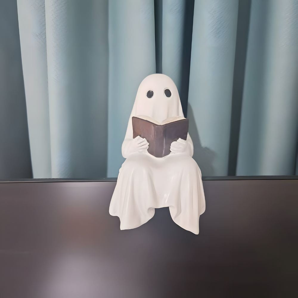 Halloween Ghost Figurine, Resin Lighted Ghost Ornament with Pumpkin Lantern & Beverage Cup, Tabletop Halloween Indoor Decor