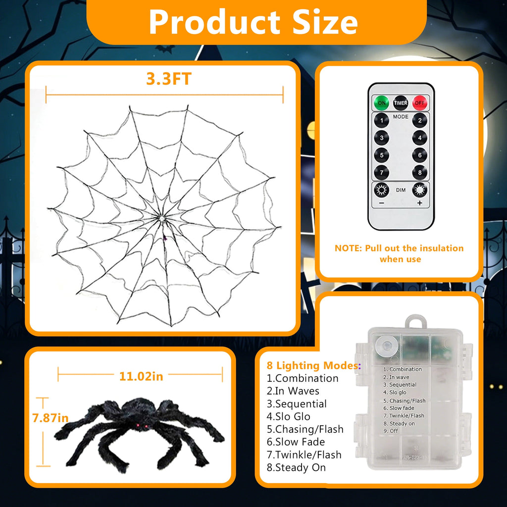 VOLIVO Halloween Spider Web Lights, 4FT Diameter 8 Modes Net Lights with Black Spider, Remote Control Waterproof for Indoor Outdoor (Purple)