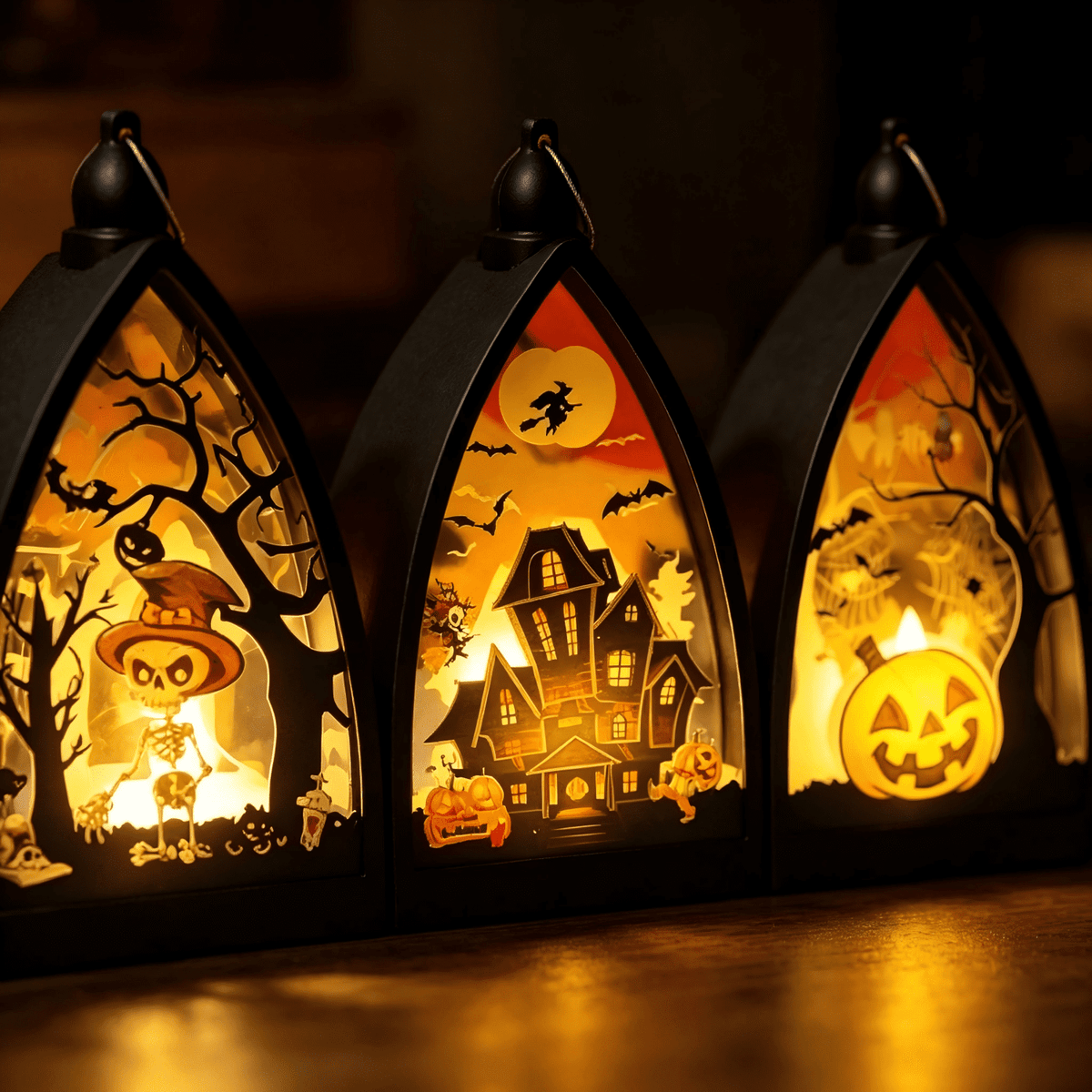 3 Pack Halloween LED Lantern Decor, Skeleton Haunted House Pumpkin Pattern, Battery Operated Tabletop Hanging Decor for Halloween Party Fireplace Mantel Indoor Home Decor
